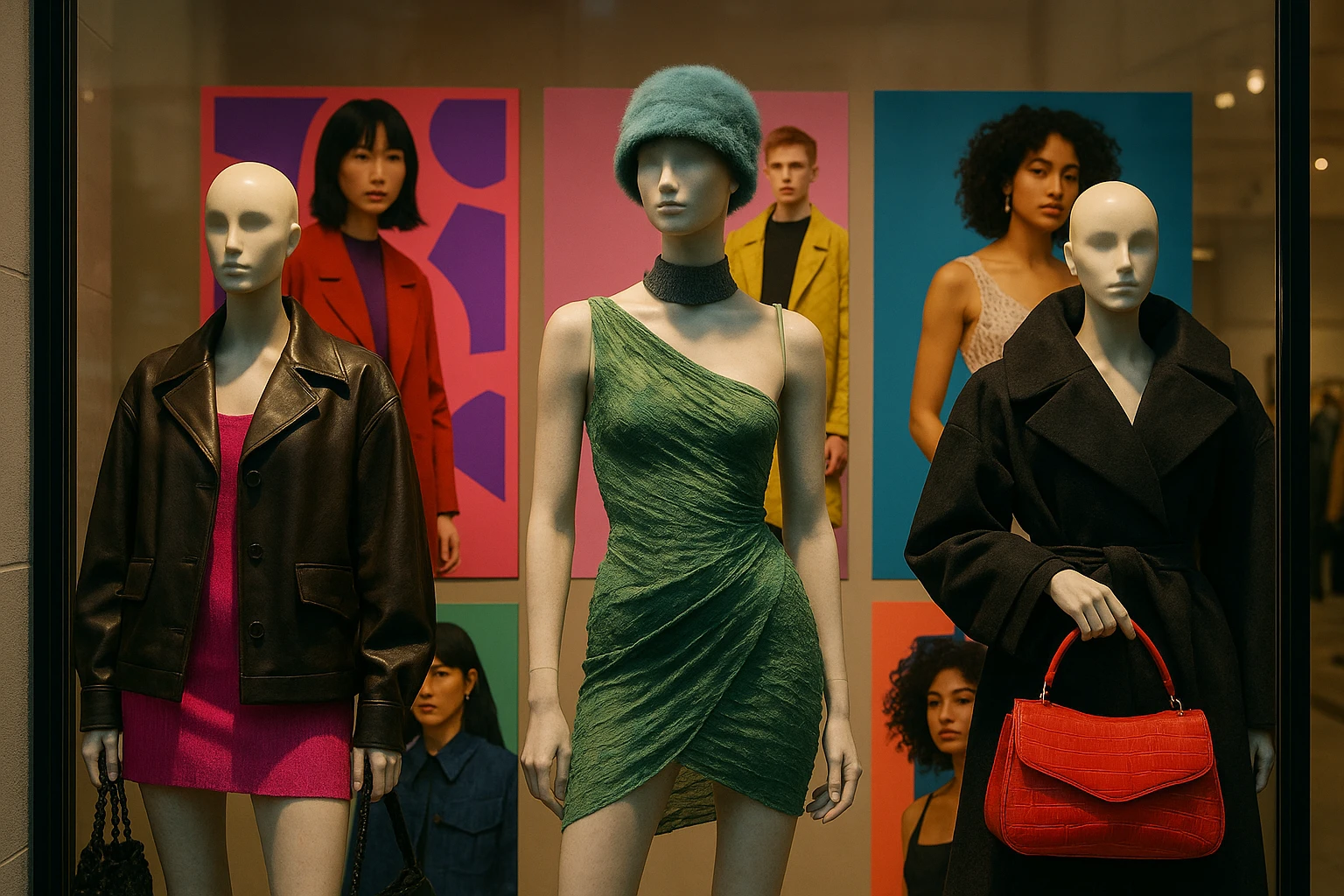 A stylish boutique window display showcasing mannequins adorned with distinctive, cutting-edge fashion pieces and accessories, with vibrant posters in the background highlighting emerging designers' Instagram handles and hashtags.