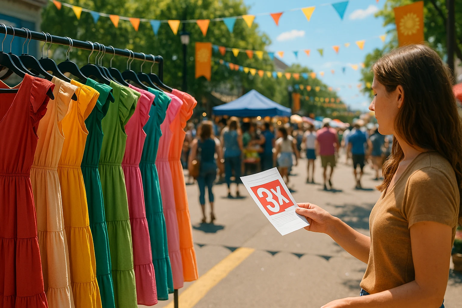 A vibrant outdoor market scene with colorful dresses hanging on display racks, a shopper holding a discount flyer, and a sunny backdrop highlighting bustling activity and seasonal banners.