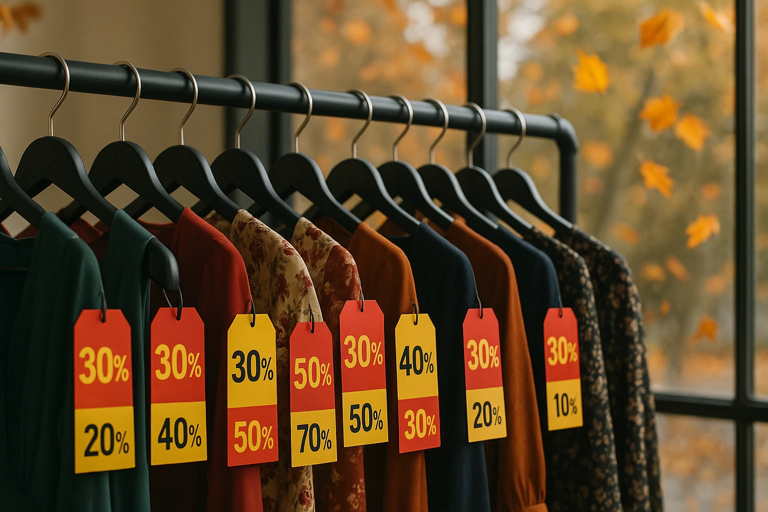A close-up of a clothing store's sale section featuring a variety of dresses on hangers, with bold red and yellow discount tags hanging from each. In the background, a large window reveals falling autumn leaves outside, suggesting the changing season and the timing of discounts.