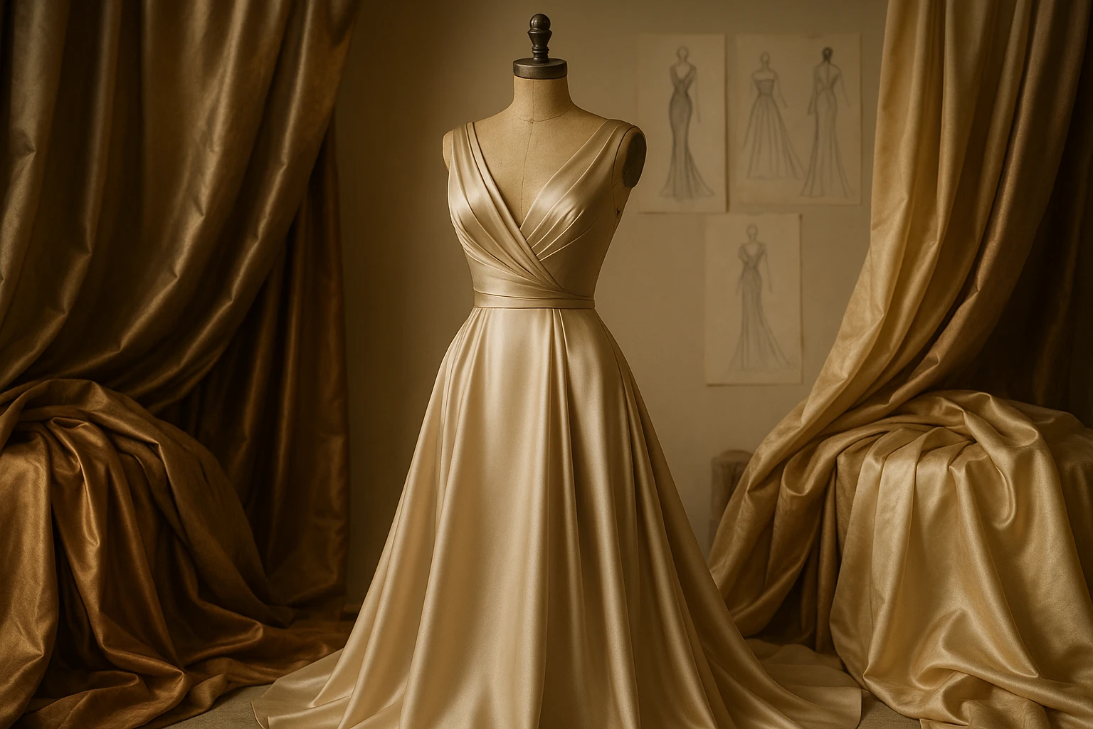 An elegant gown displayed on a vintage dress form surrounded by luxurious fabrics and soft lighting in an upscale boutique setting, with a background featuring sketches of evening wear designs.
