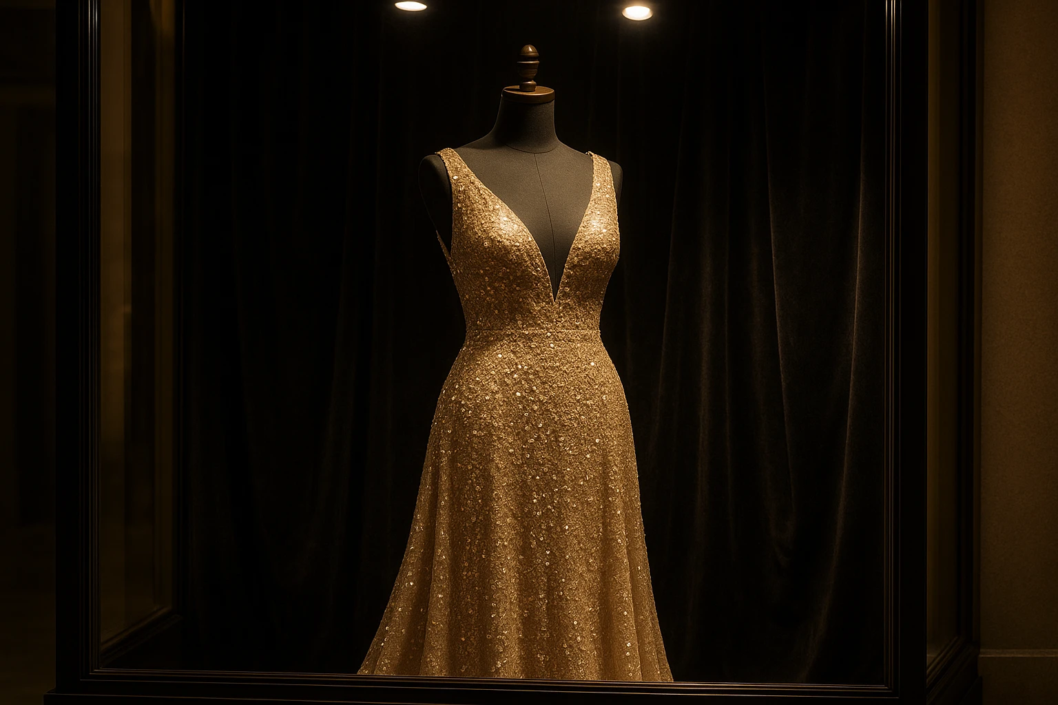 A luxurious display window of a high-end online boutique, featuring a stunning, sequined evening gown on a mannequin, with elegant gold lettering that reads 