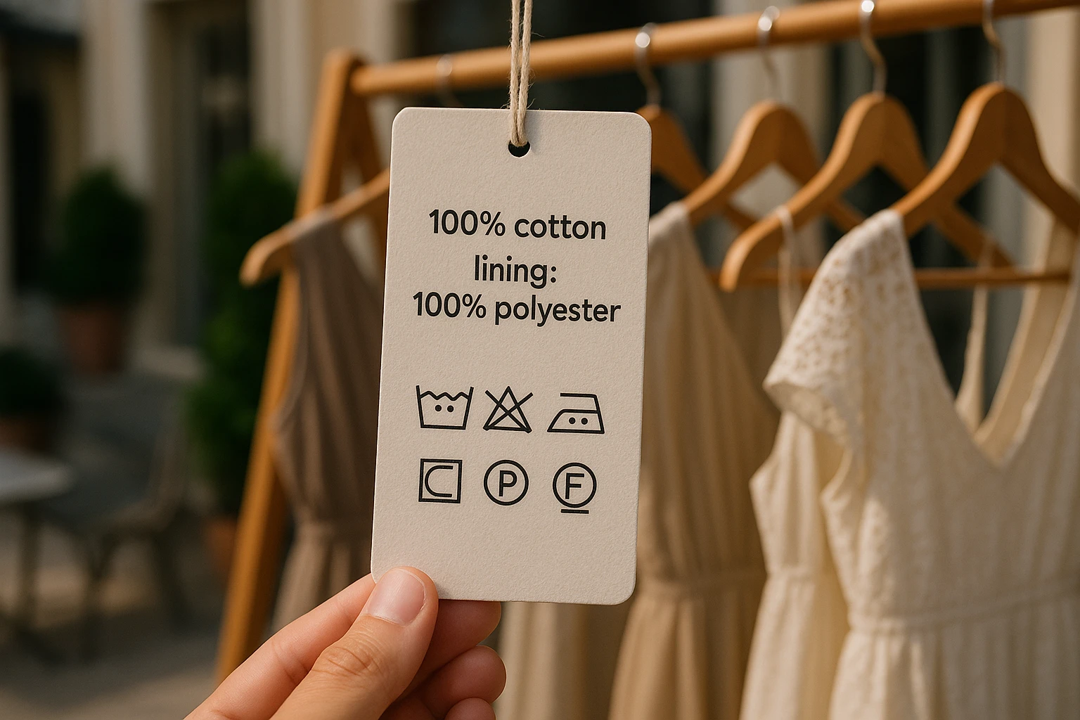 A close-up of a dress tag featuring detailed fabric information and quality assurance symbols, set against a backdrop of a chic outdoor boutique display with elegant dresses hanging on a wooden rack.