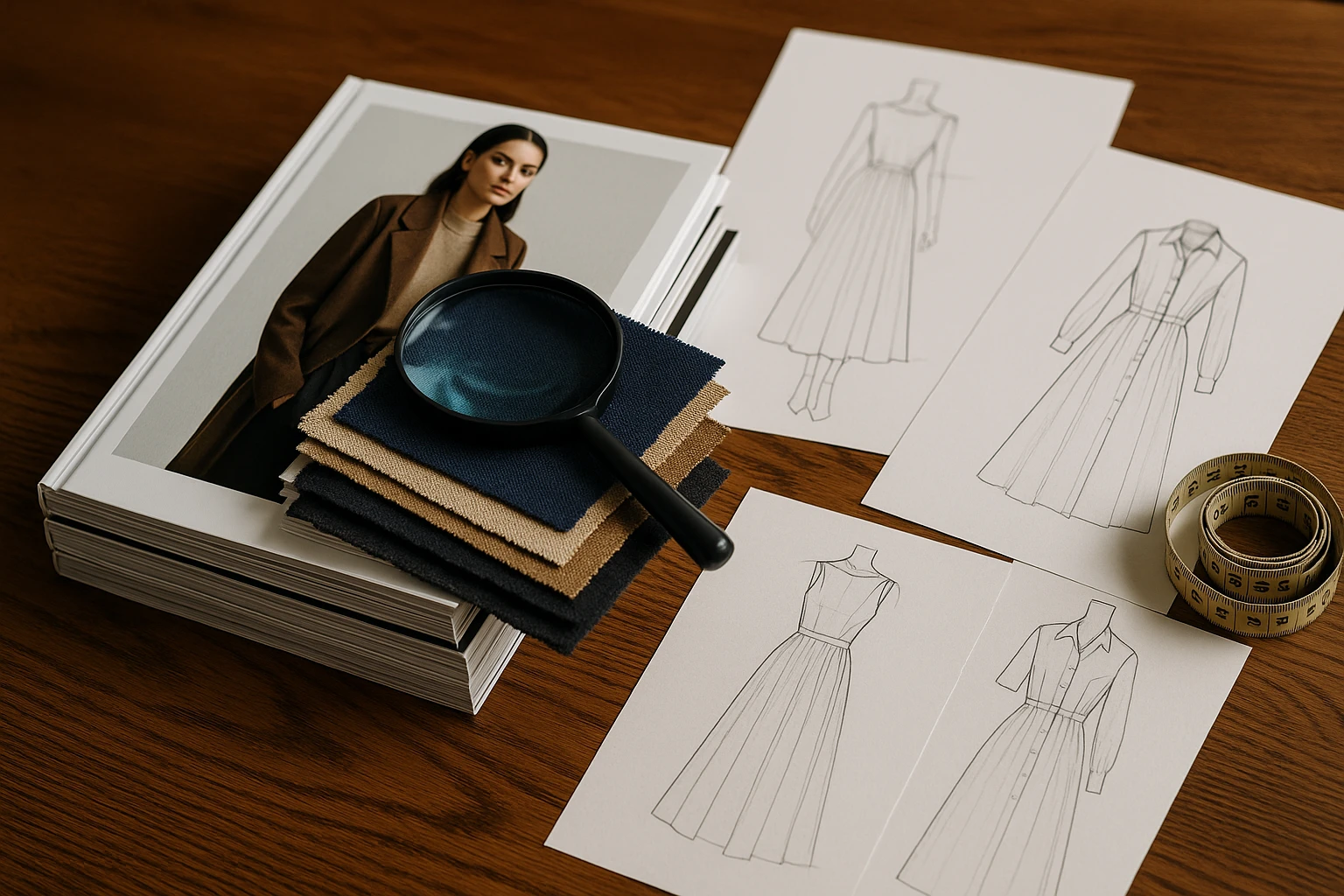 A stack of fashion magazines and fabric swatches laid out on a wooden table, with a magnifying glass resting on top, surrounded by sketches of dress designs and a tape measure.