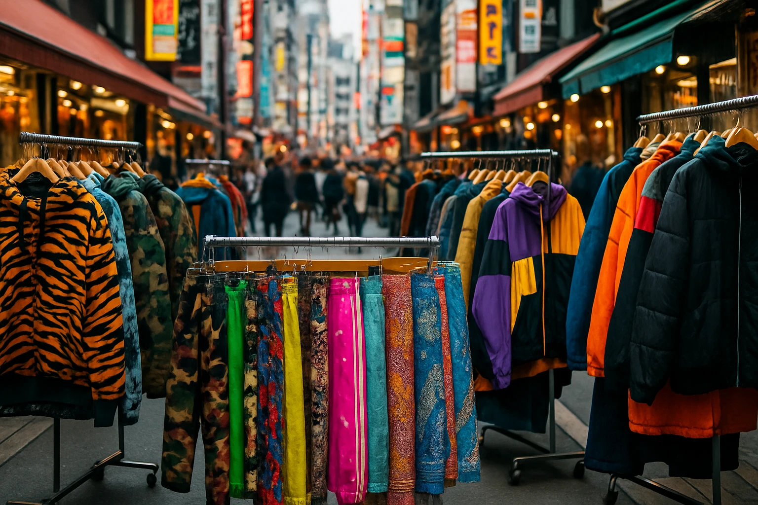 A vibrant street market in Tokyo with colorful racks of clothes and fabrics, showcasing a mix of bold streetwear styles against a backdrop of bustling city life.