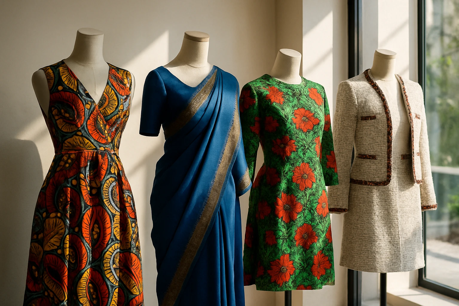 A collection of stylish mannequins in a minimalist boutique, displaying an array of international fashion designs, with vibrant fabric patterns and textures illuminated by natural sunlight streaming through large windows.