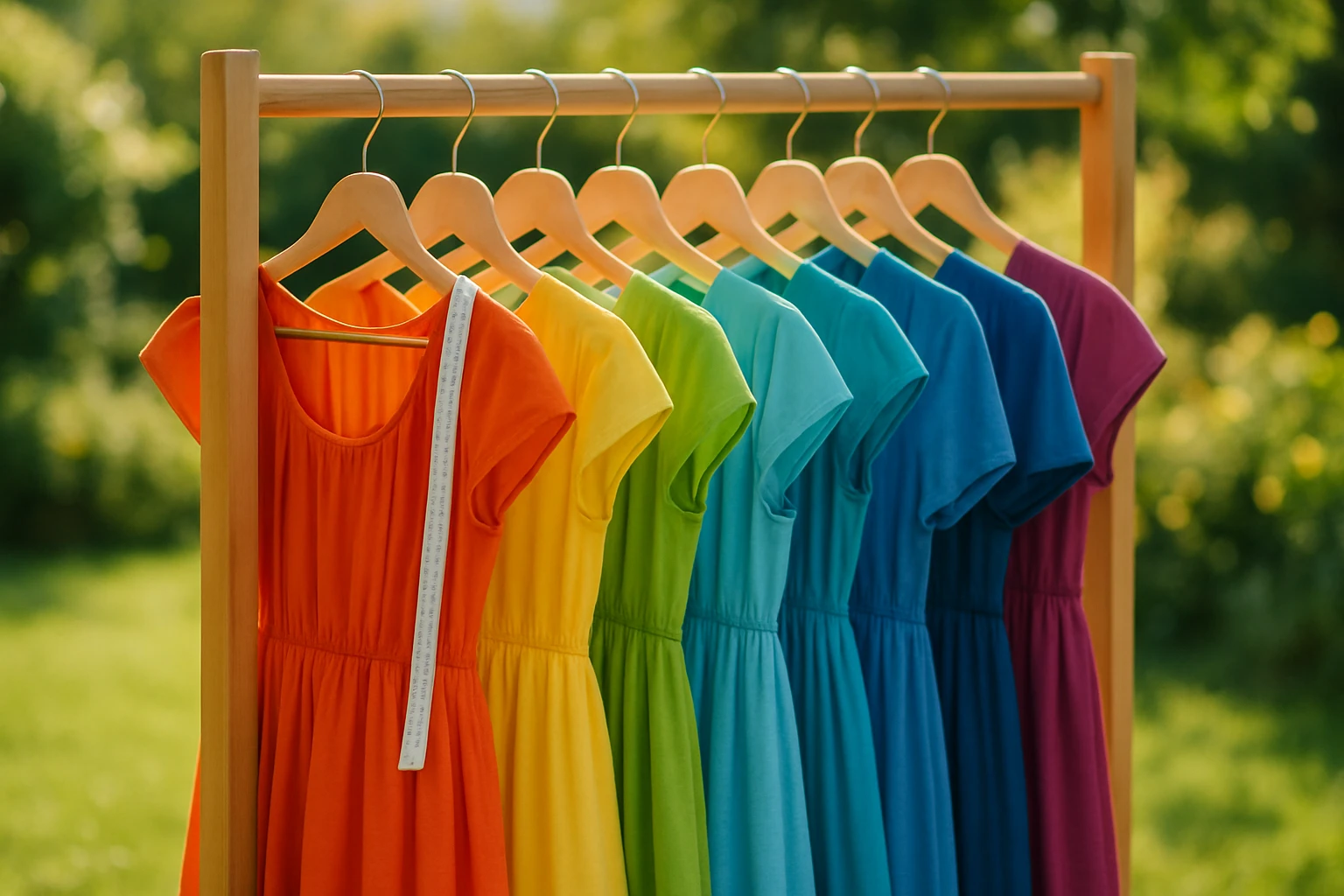 A collection of colorful dresses hanging neatly on a wooden clothes rack, set outdoors against a sunny garden backdrop, with a tape measure draped over one of the hangers.