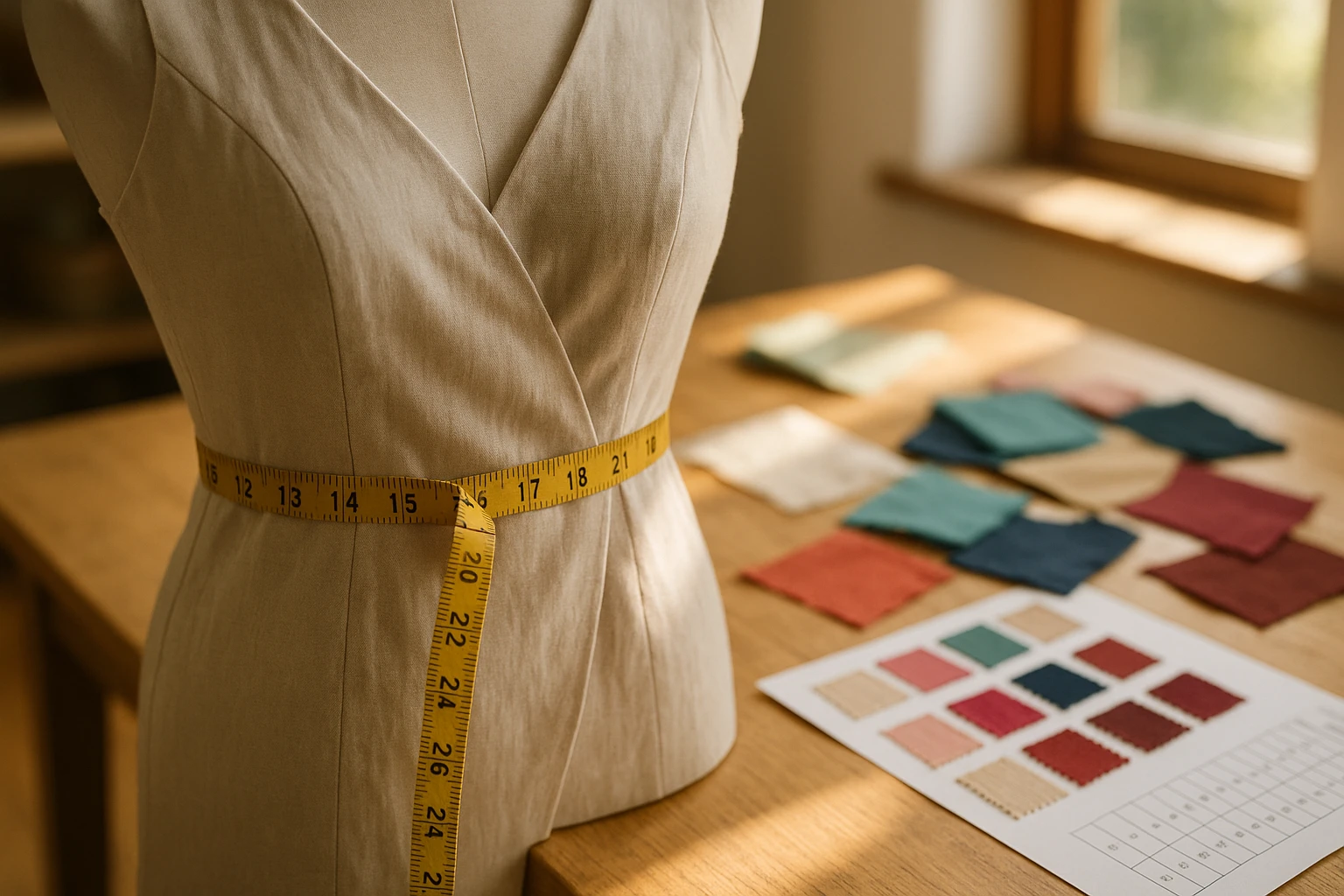 A close-up of a fabric tape measure wrapped around a mannequin dressed in a partially constructed dress, with various colored fabric swatches and a brand's size chart spread across a wooden table in a sunlit sewing room.