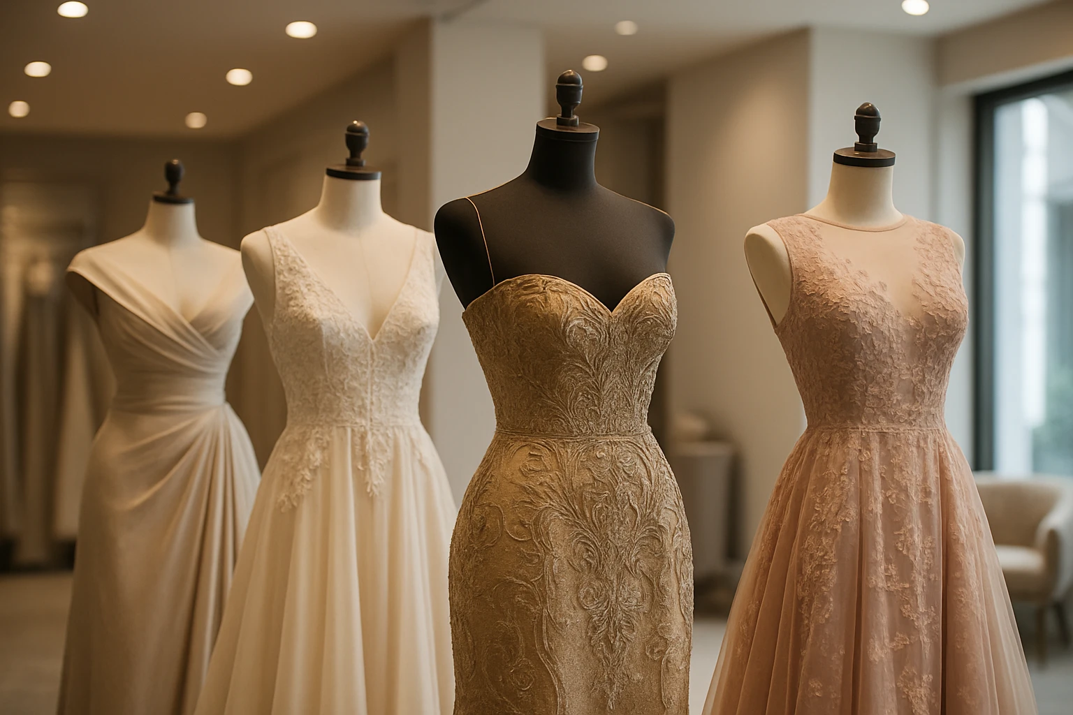 A range of elegant, high-end designer dresses displayed on mannequins in a chic boutique, with soft lighting and a stylish modern interior, showcasing the luxurious fabric and intricate detailing of each gown.