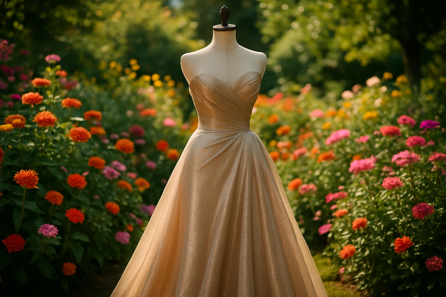 A glamorous outdoor fashion shoot scene, showcasing a designer gown on a dress form placed amidst a lush garden, with vibrant flowers providing a colorful backdrop and natural sunlight highlighting the gown's exquisite fabric and craftsmanship.