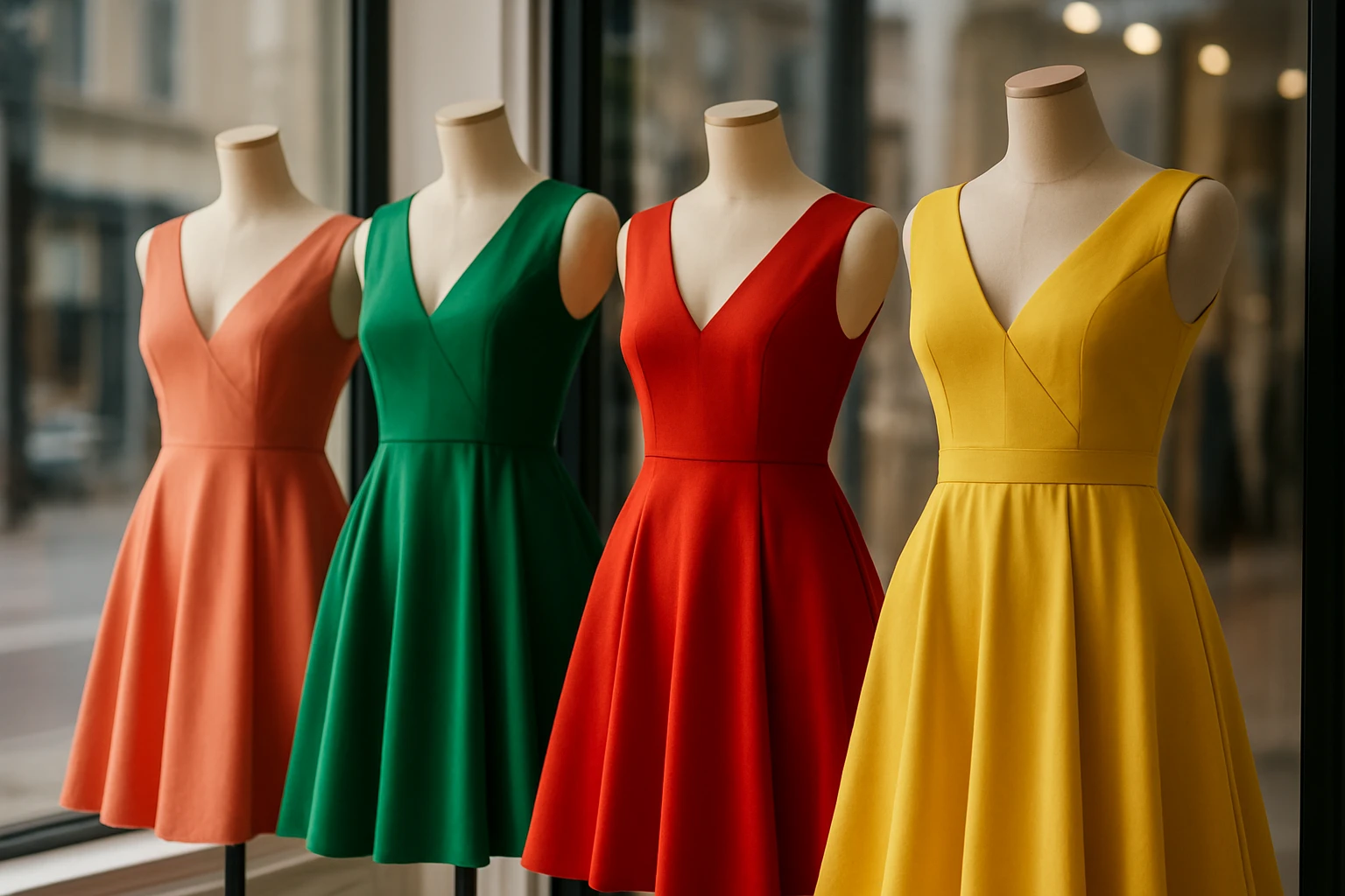 An array of vibrant dresses displayed on mannequins in a chic boutique window, with soft natural light illuminating the textures and colors, enticing potential buyers with the promise of finding the perfect fit in an online store.