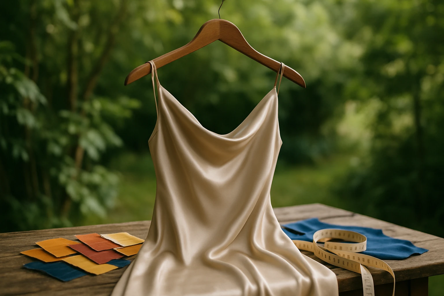 A beautifully crafted silk dress draped elegantly on a rustic wooden hanger, surrounded by vibrant fabric swatches and a tape measure, set against a backdrop of lush greenery, suggesting an outdoor atelier focused on quality and fit for online shoppers.