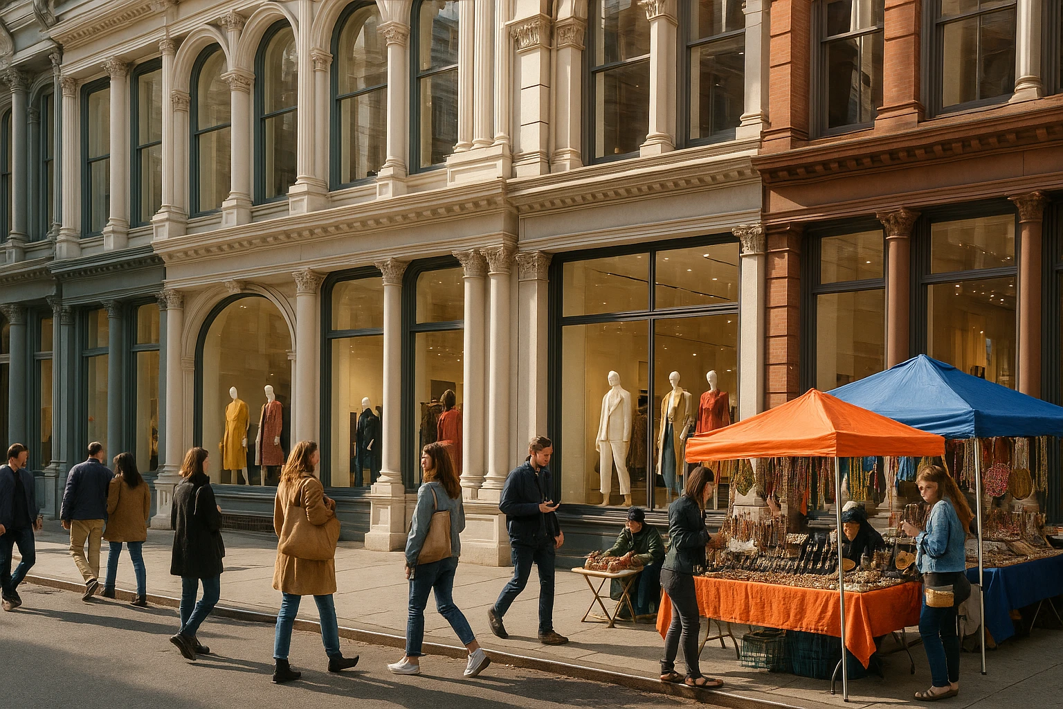 A vibrant street scene in New York City featuring iconic cast-iron buildings with high-end designer store facades; pedestrians browse window displays of the latest fashion collections, while street vendors showcase hand-crafted accessories under colorful awnings.