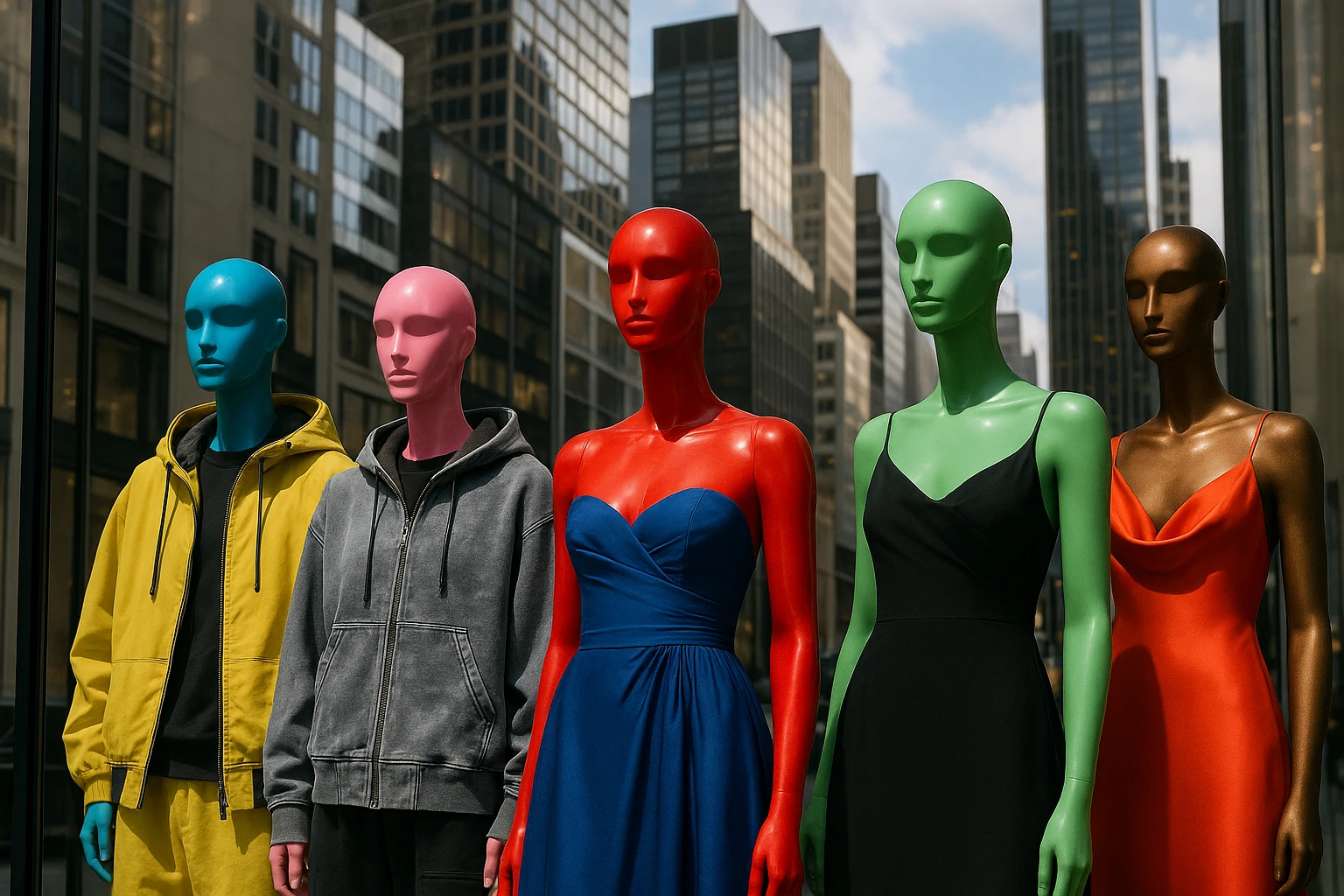 An array of colorful, high-fashion mannequins adorns the window of a sleek NYC boutique, surrounded by towering skyscrapers, while a creative window display juxtaposes avant-garde streetwear with elegant evening gowns.