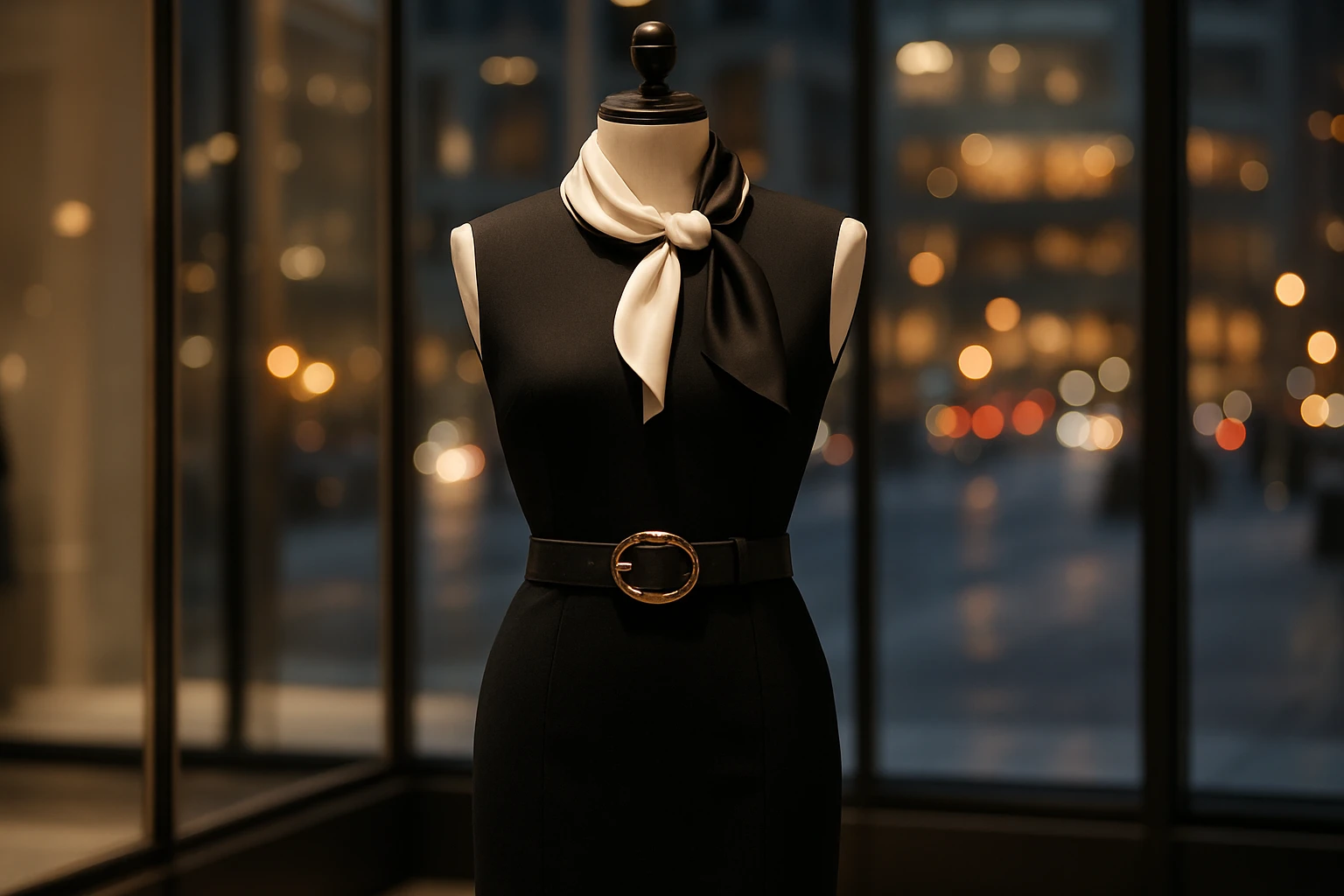 A sleek, tailored black dress on a mannequin in a chic boutique, accented with a detachable silk scarf and a statement belt, set against a backdrop of city lights visible through large glass windows.