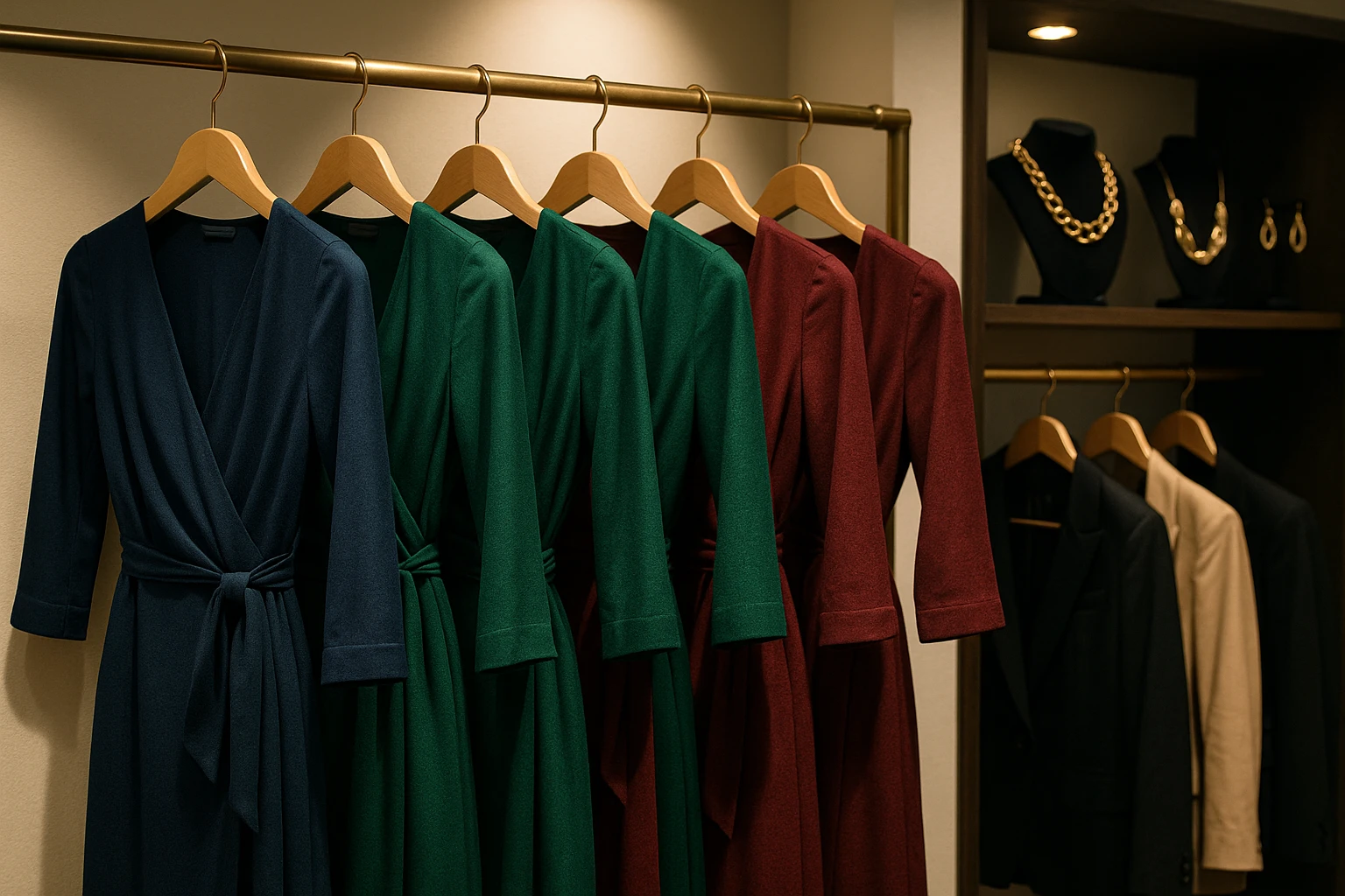 A neatly arranged display of various wrap dresses on elegant wooden hangers in a stylish boutique, with spotlights highlighting the different textures and colors, such as navy, emerald, and burgundy, and a nearby shelf showcasing statement jewelry and chic blazers for pairing options.