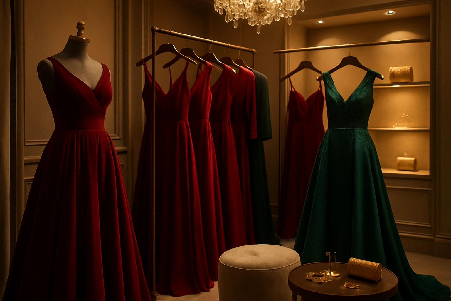 A plush boutique interior with elegantly displayed formal gowns in deep reds and emerald greens, accompanied by delicate golden accessories and a soft, ambient glow, capturing the essence of Couture Candy's luxury fashion offerings.