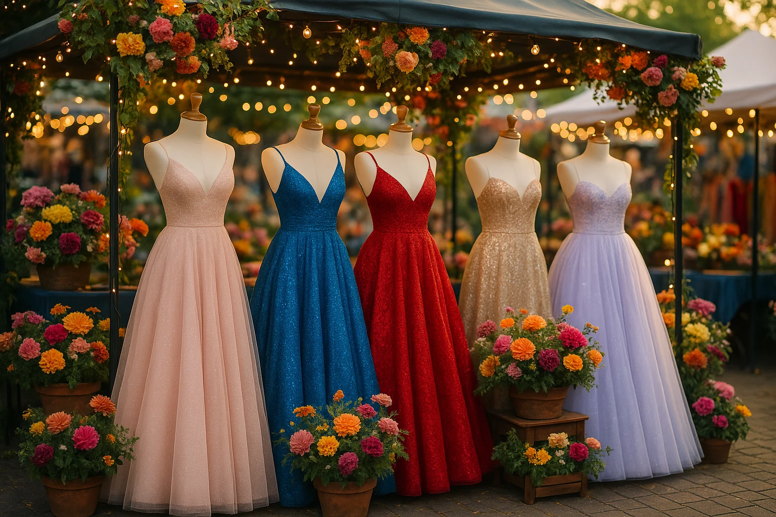 A vibrant outdoor market stall showcasing a variety of Couture Candy dresses on elegant mannequins, surrounded by colorful floral arrangements and twinkling fairy lights, capturing an inviting and celebratory atmosphere.