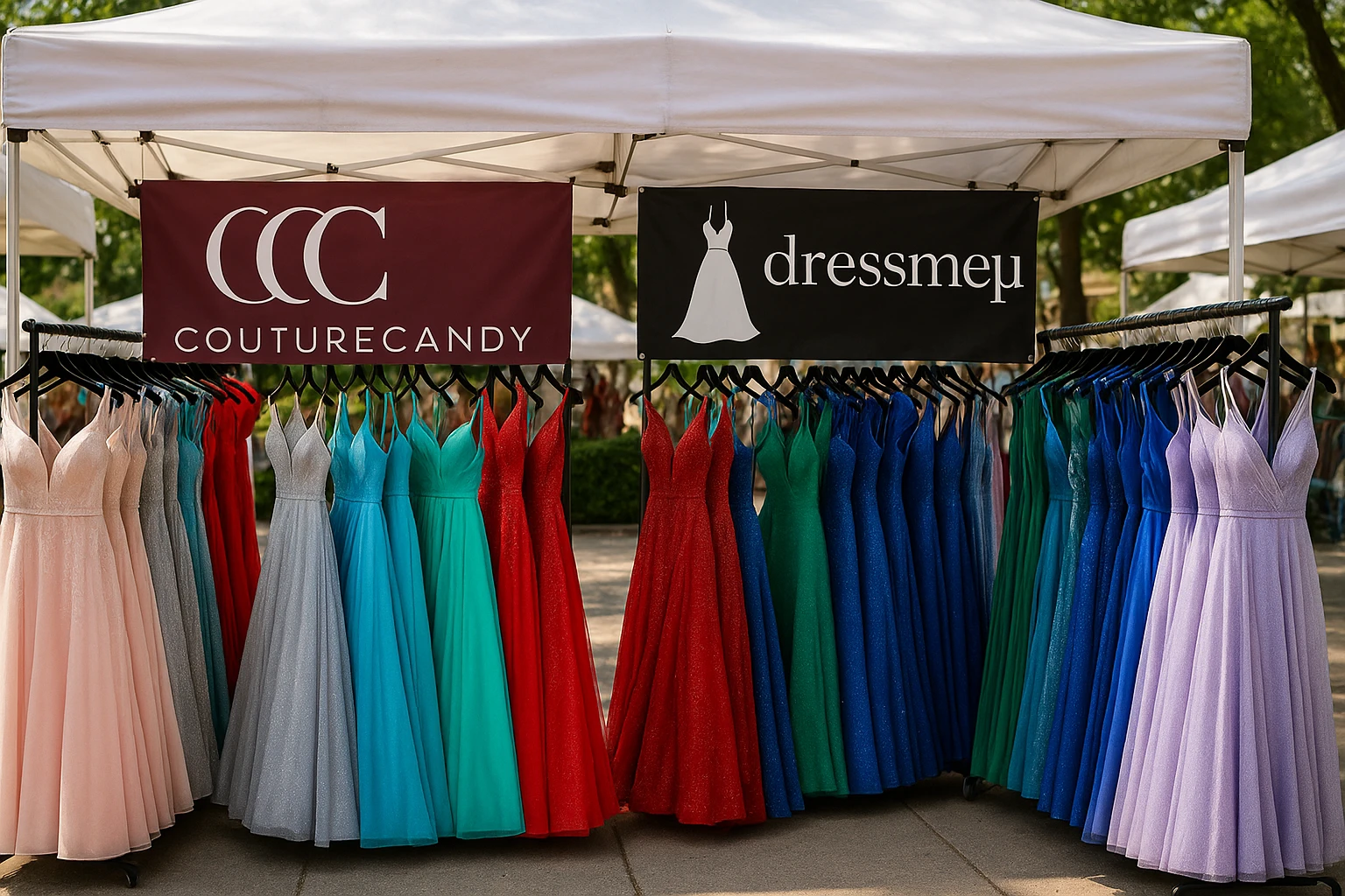 A vibrant outdoor market stall showcasing elegant prom and bridesmaid dresses hung on racks, with a Couture Candy and dressmeupny banner displayed above, highlighting the brands’ logos.