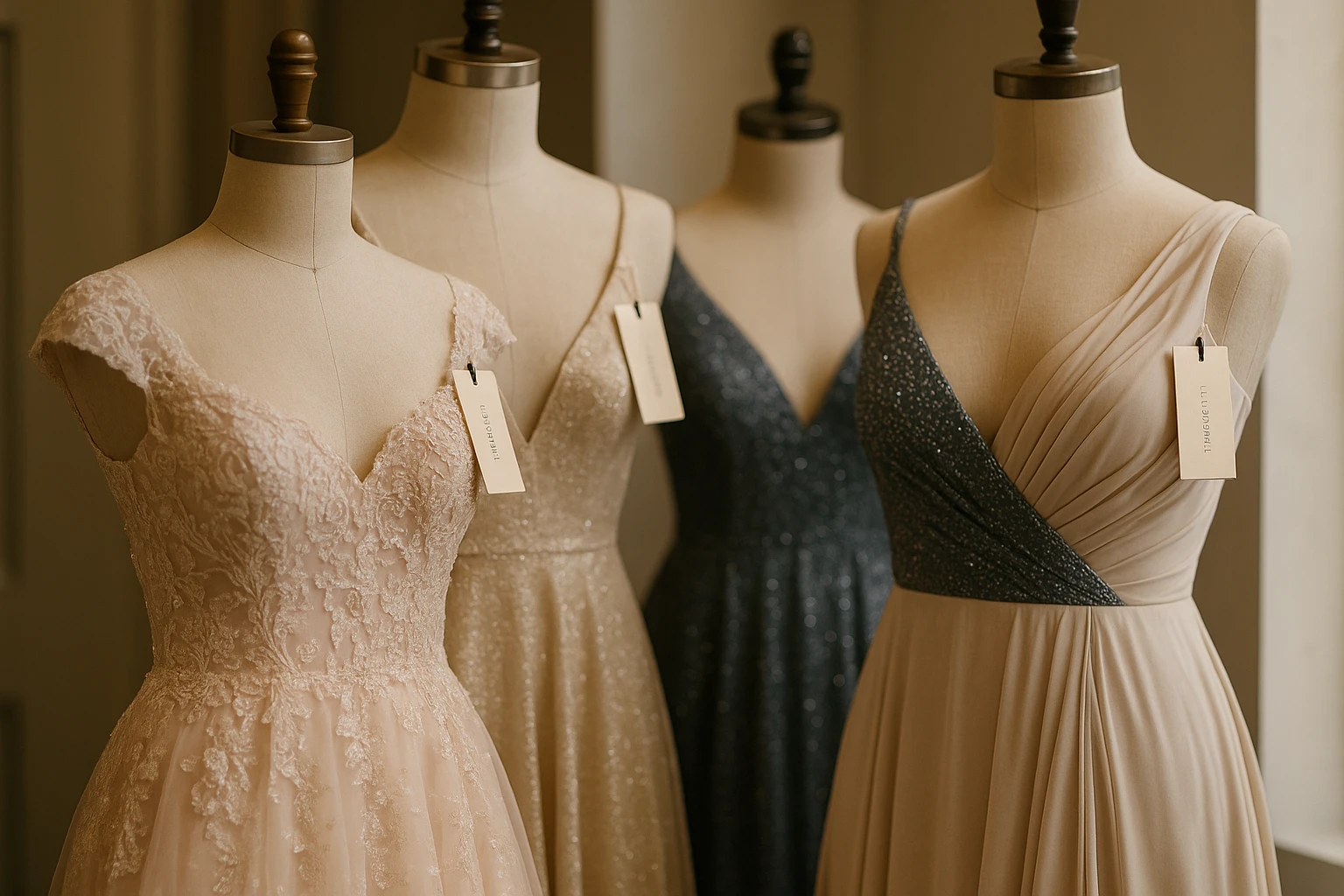 A close-up of a beautifully arranged display featuring elegant dresses on mannequins in a chic boutique setting, with distinct tags showing Couture Candy and dressmeupny logos, accentuated by soft ambient lighting to highlight the fabric textures.