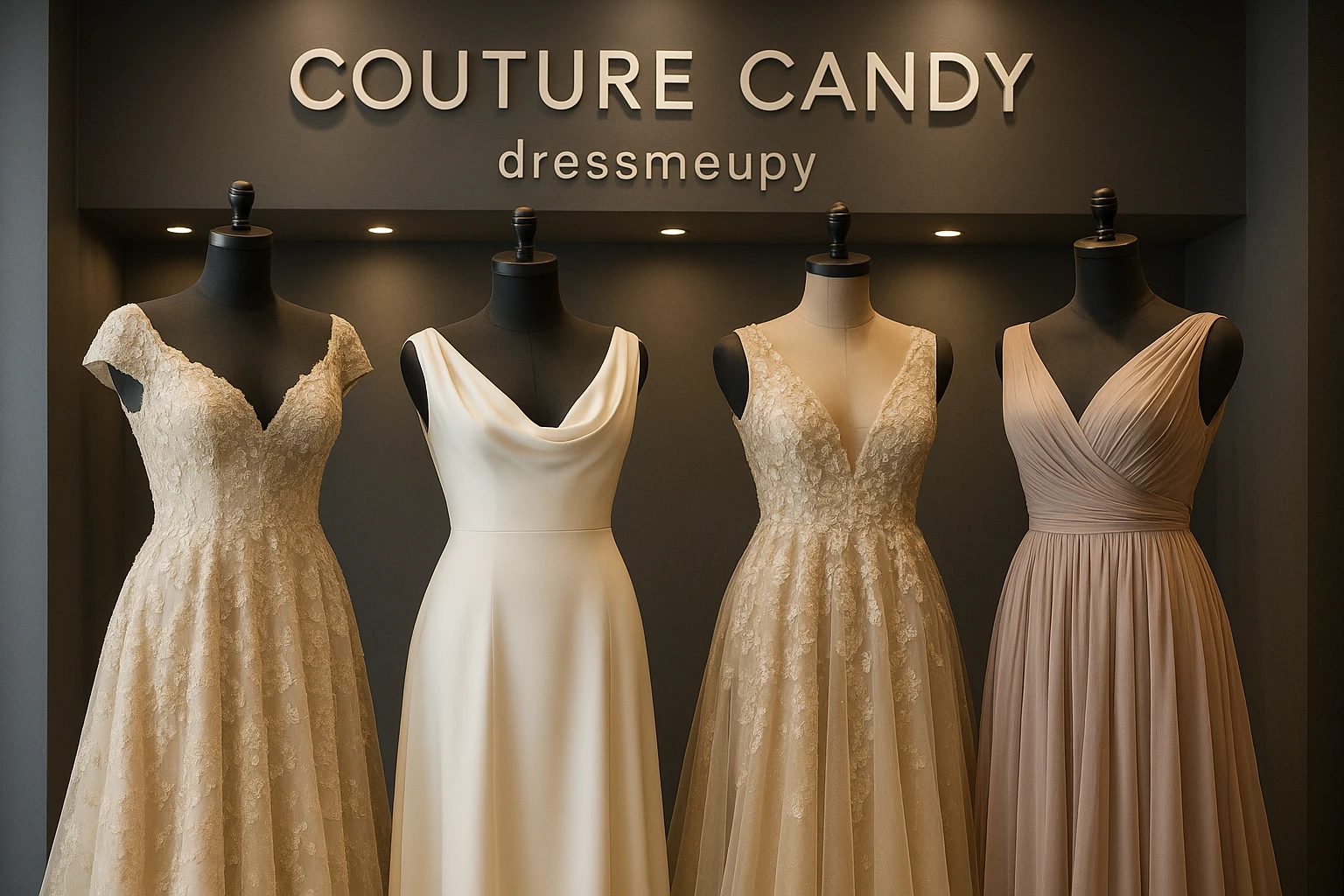 Rows of elegant dresses on mannequins in a chic boutique setting, with sleek signage displaying 