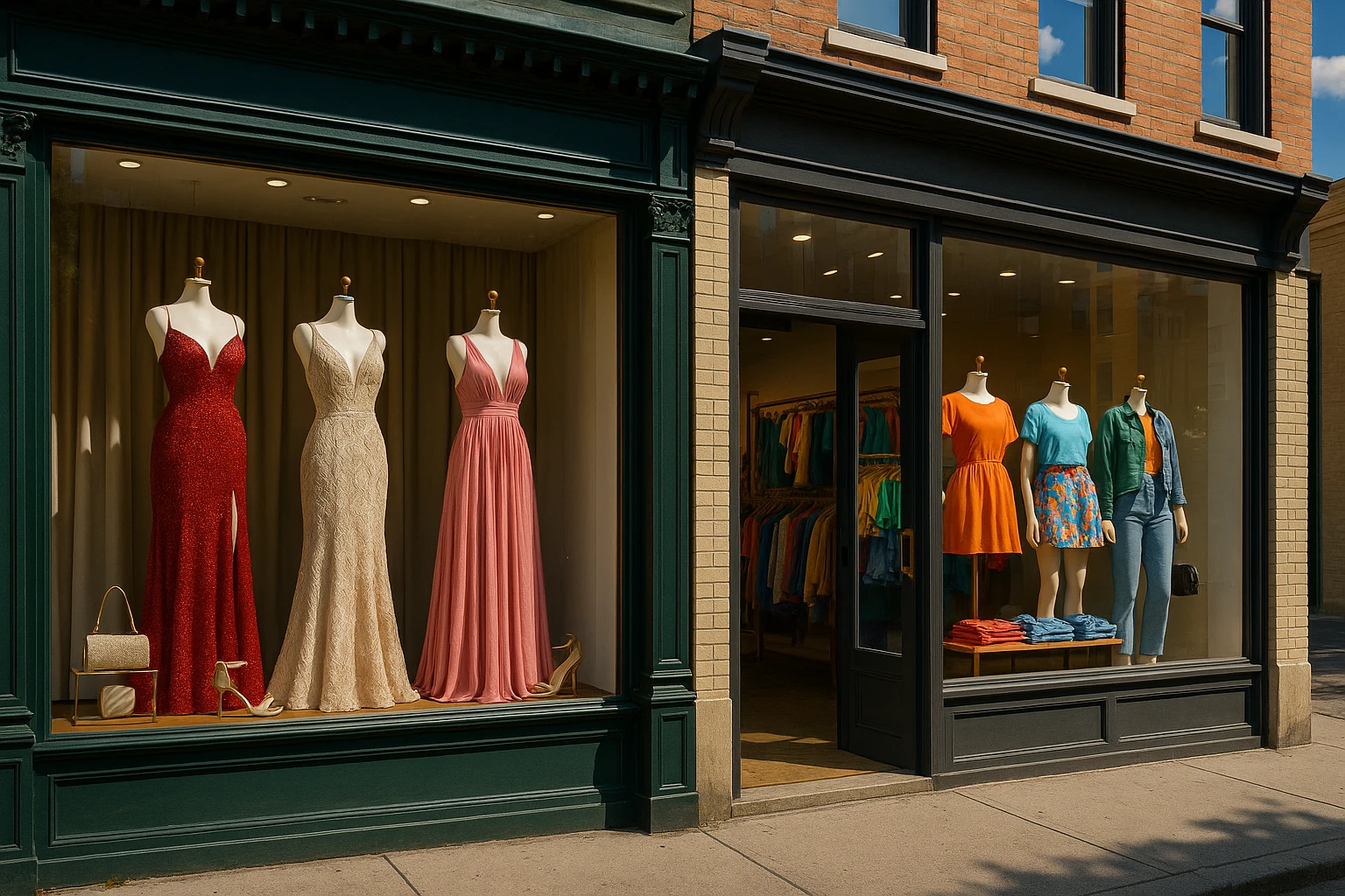 A vibrant street scene featuring split storefronts; one side showcases Couture Candy with an elegant window display of glamorous evening gowns and accessories, while the other highlights dressmeupny with a colorful array of trendy casual wear and chic mannequins, all under a sunny blue sky.
