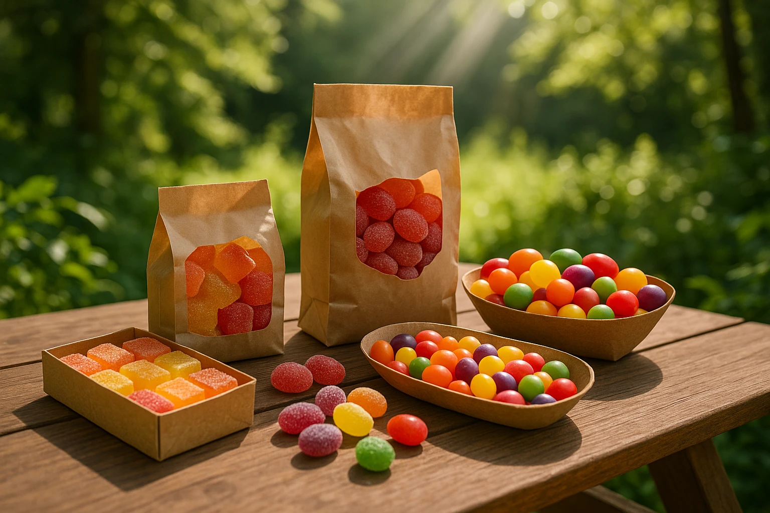 A vibrant display of colorful plant-based candies in eco-friendly packaging on a wooden picnic table surrounded by lush greenery, with beams of sunlight filtering through the trees.