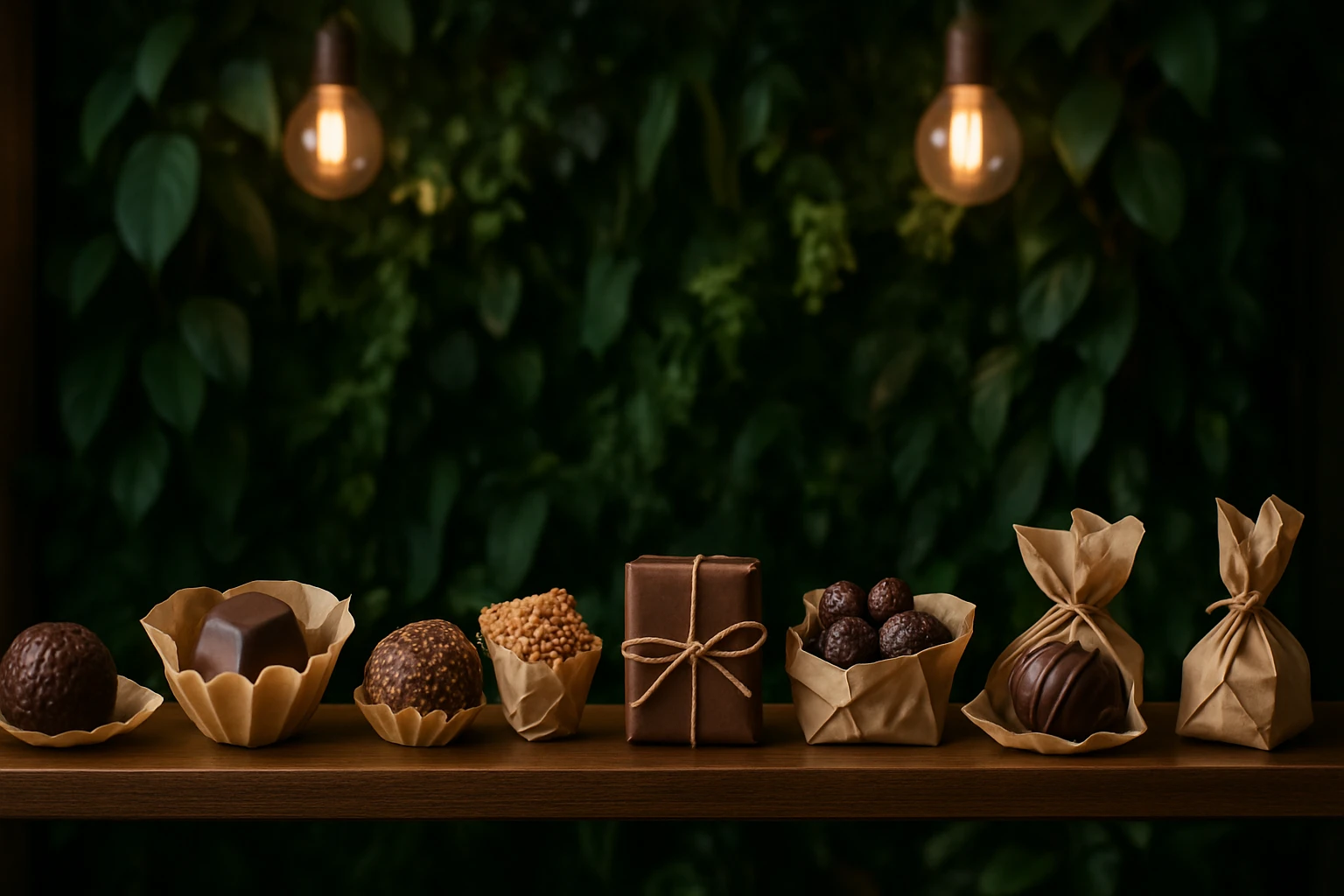 A shelf displaying an array of elegant, handmade chocolates wrapped in biodegradable materials, set against a backdrop of a lush vertical garden indoors, with a soft glow from hanging pendant lights.