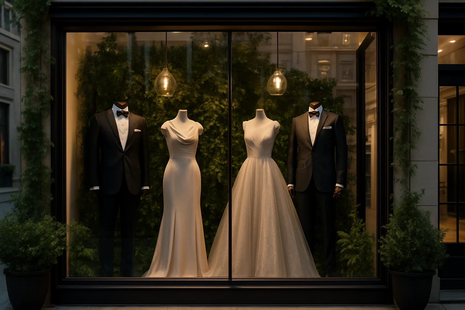 A well-lit boutique storefront showcases elegant formalwear, with stylish gowns and tuxedos displayed on mannequins, set against a backdrop of lush greenery and chic urban architecture.