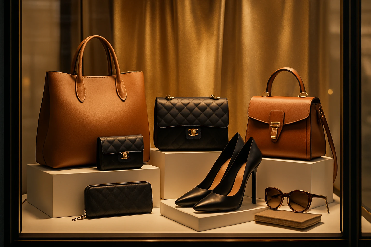 A luxurious storefront window displays an array of designer handbags and accessories, meticulously arranged on sleek white pedestals, set against a backdrop of shimmering gold fabric and softly lit with ambient, elegant lighting.