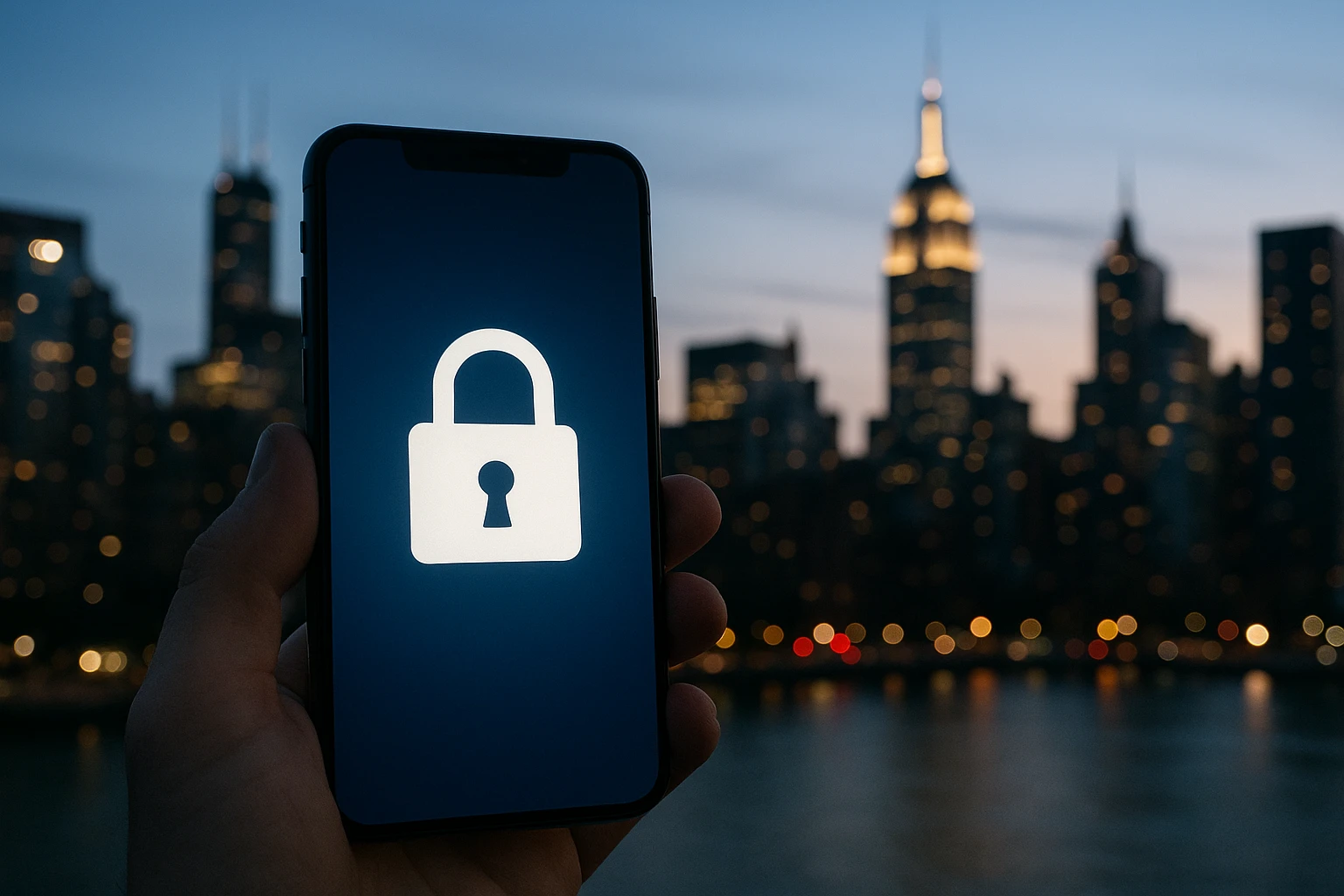 A padlock icon on a smartphone screen with a backdrop of a bustling city skyline, illustrating security in a modern digital environment.