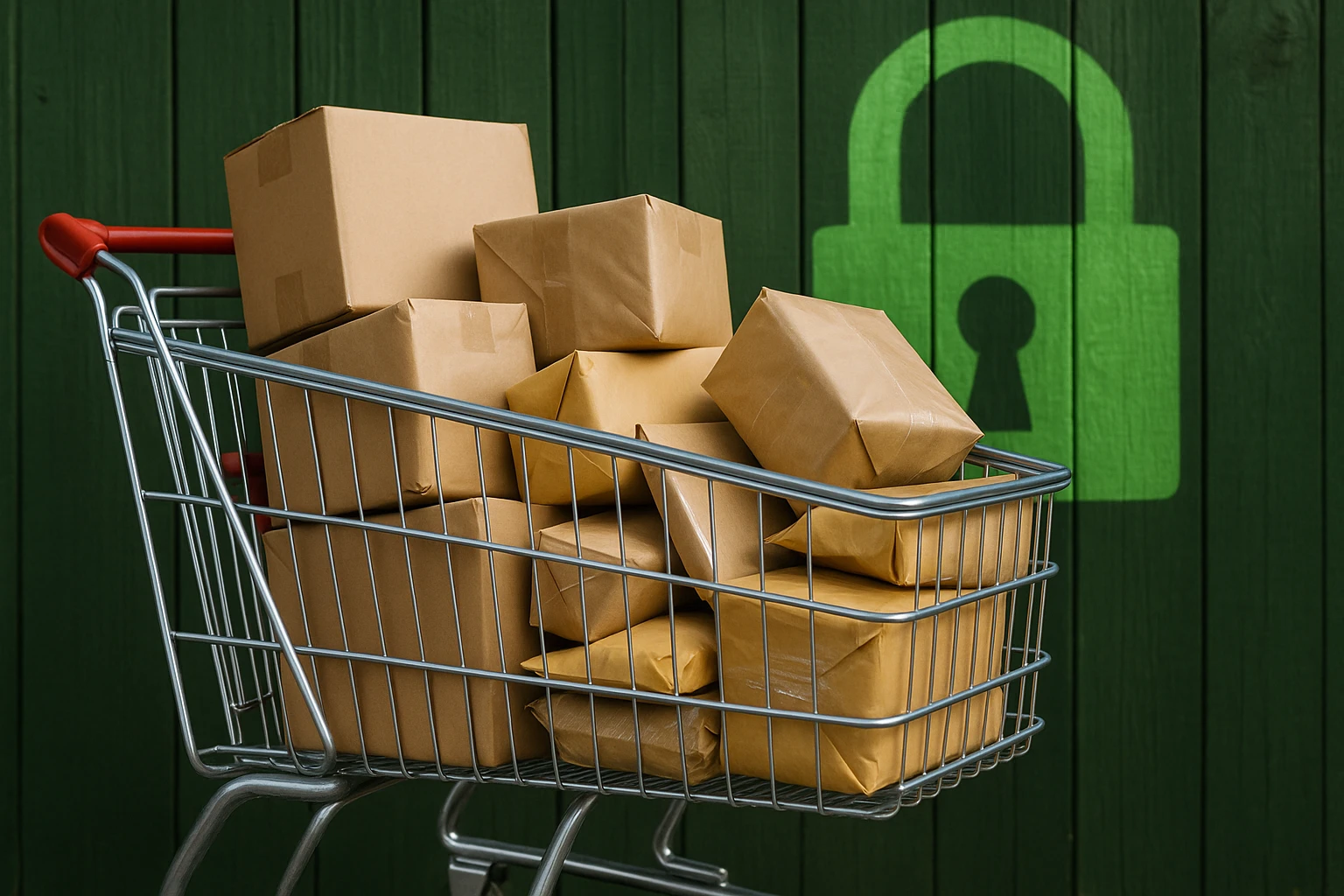 A shopping cart filled with a variety of sealed packages, set against the backdrop of a green padlock painted onto a wooden fence, symbolizing secure transactions in e-commerce.