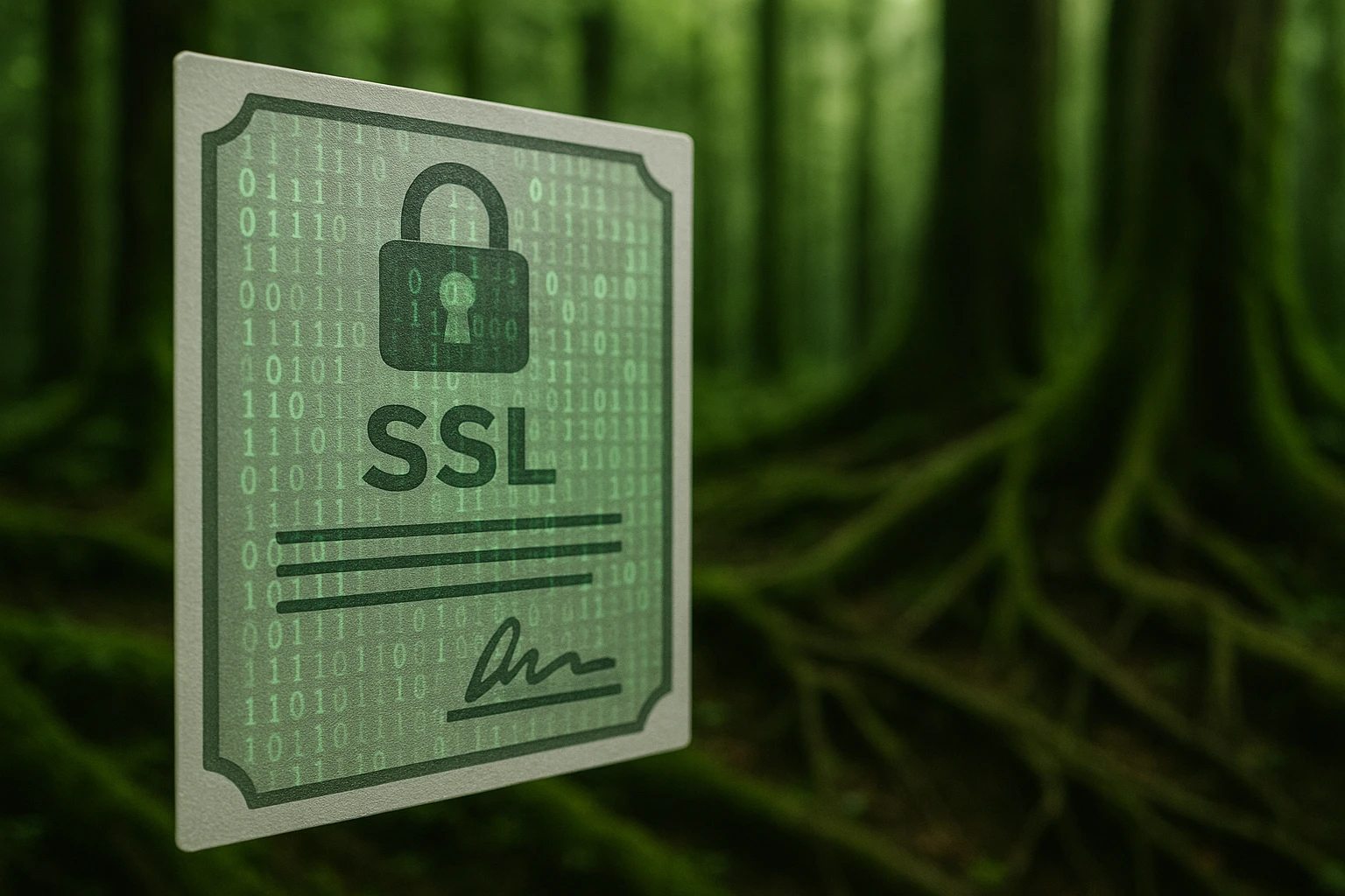 A close-up of an SSL certificate with digital code visibly overlayed; the background shows an enigmatic green forest, highlighting the theme of protection with the natural analogy of security roots.