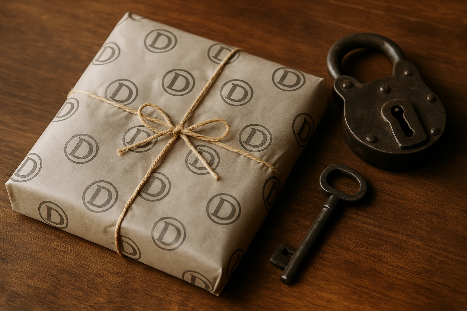 A close-up of a package from DressMeUpNY, elegantly wrapped in branded paper, lying on a wooden table next to a vintage lock and key, symbolizing the security offered by HTTPS.