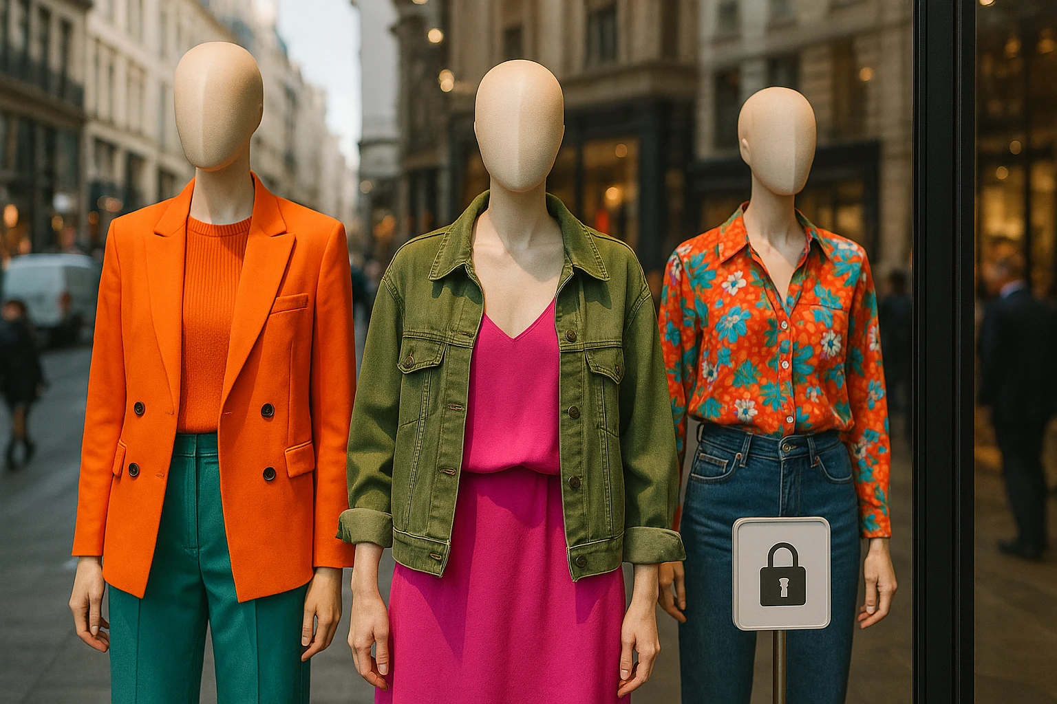 On a bustling city street, mannequins in vibrant, trendy outfits are displayed in a stylish boutique window, while a small sign highlighting 