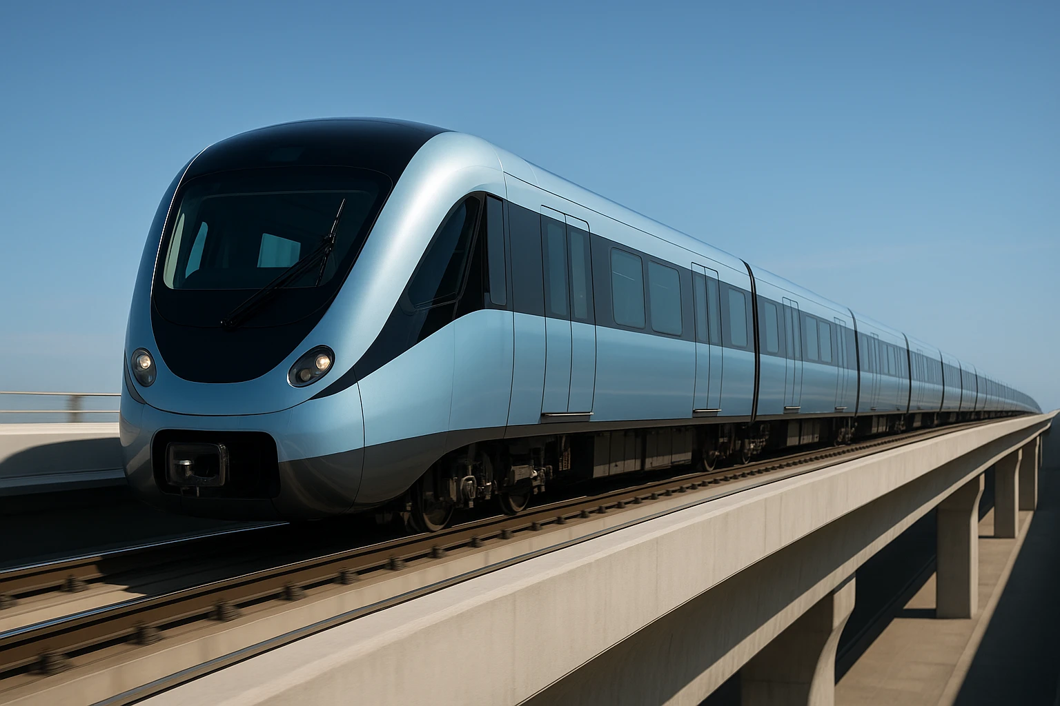 A sleek, modern train gliding smoothly on elevated tracks under a clear blue sky, symbolizing the seamless and secure flow of web transactions in the digital landscape.