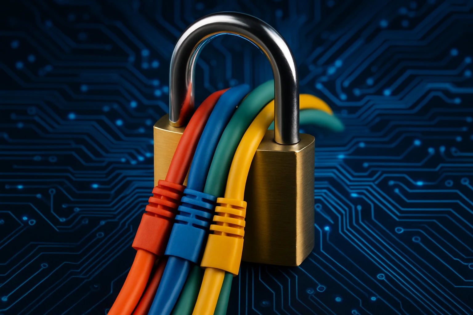 A close-up of a padlock securing multiple colorful network cables, representing encryption protocols, set against a futuristic background of circuit patterns.