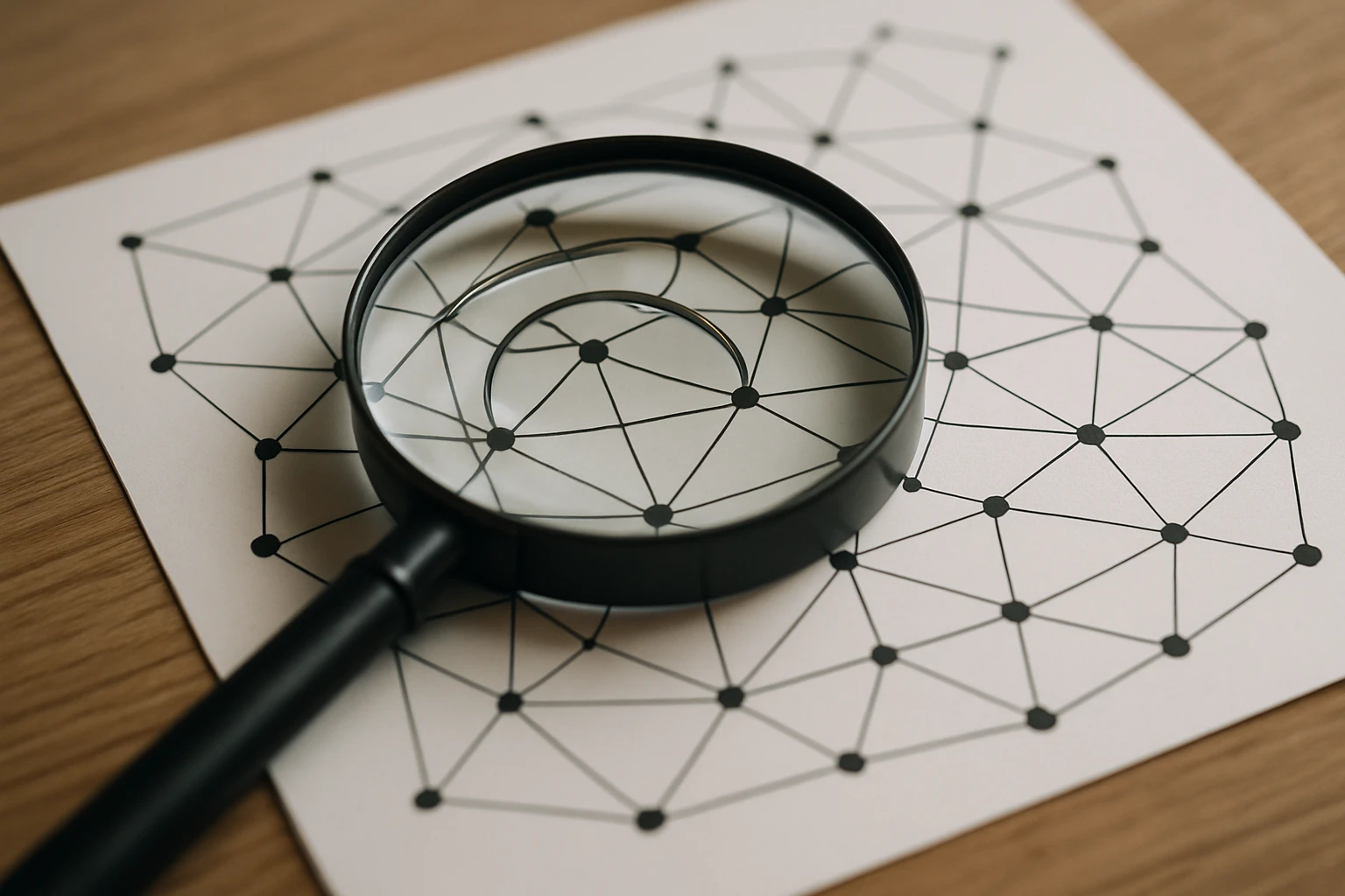 A close-up of a magnifying glass hovering over a printed network diagram on a wooden table, with lines connecting various nodes representing digital paths and connections.