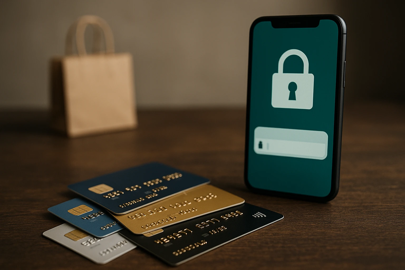A collection of credit cards scattered on a table next to a smartphone displaying a padlock icon, symbolizing secure online transactions through HTTPS://, with a blurred shopping bag in the background.