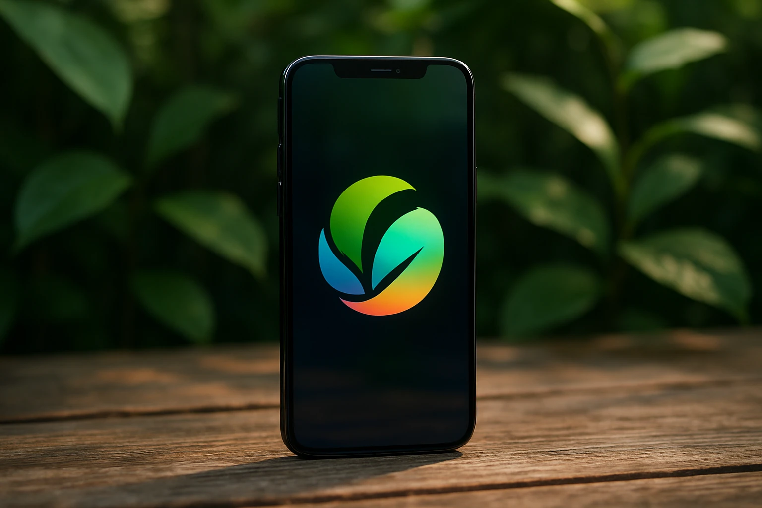 A sleek, modern smartphone sits on a rustic wooden table, displaying the vibrant logo of the company, surrounded by lush green foliage, evoking innovation and harmony with nature.