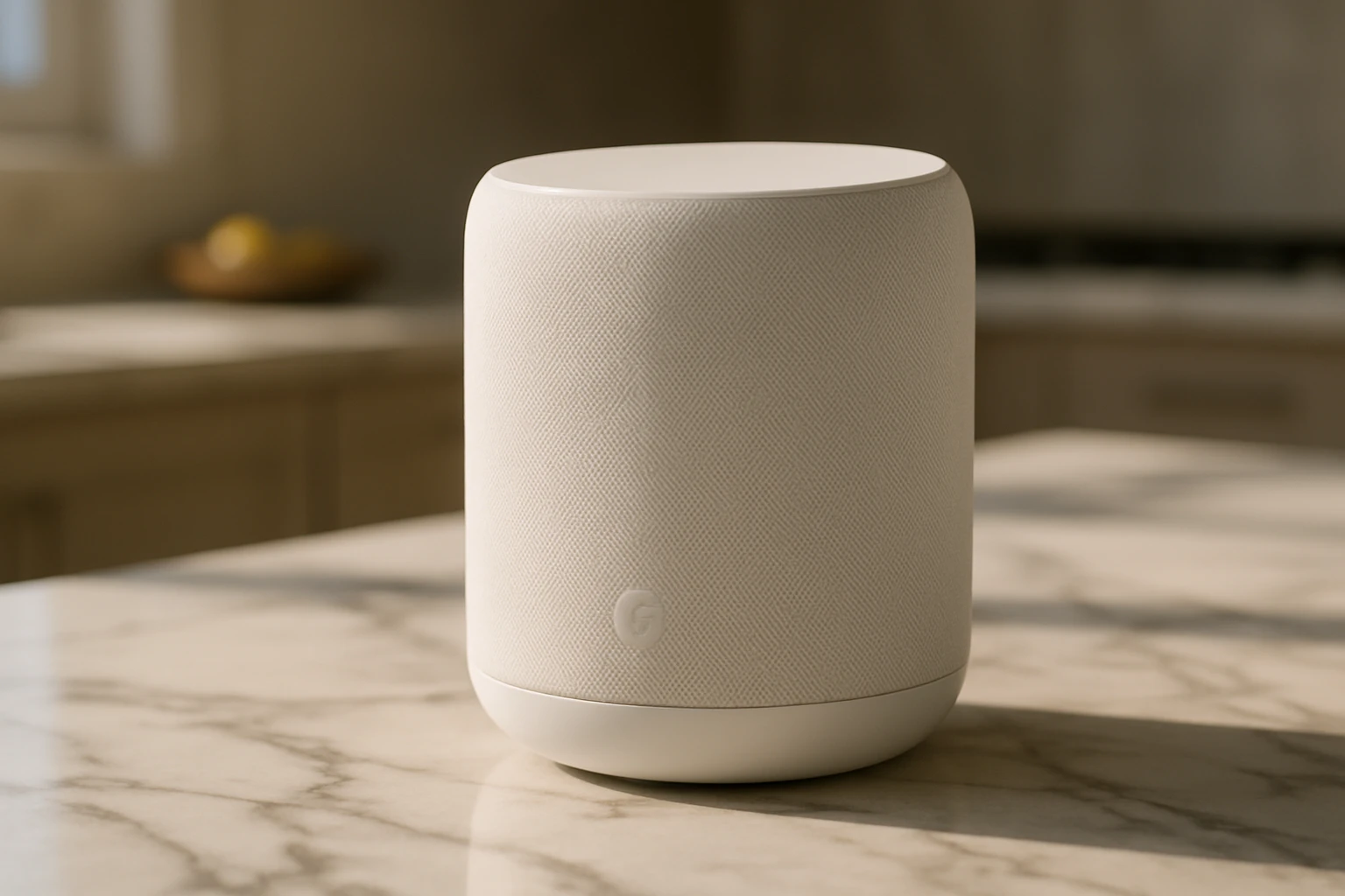A close-up view of a minimalist white smart speaker on a stylish marble kitchen countertop, elegantly displaying the brand's logo, with ambient sunlight casting soft shadows, emphasizing modern aesthetics and user-friendly technology.