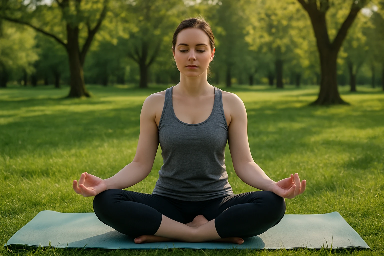 A serene park scene where a yoga mat is laid on grass, with a person practicing meditation, symbolizing the importance of mindful decision-making and the art of saying no to maintain balance.
