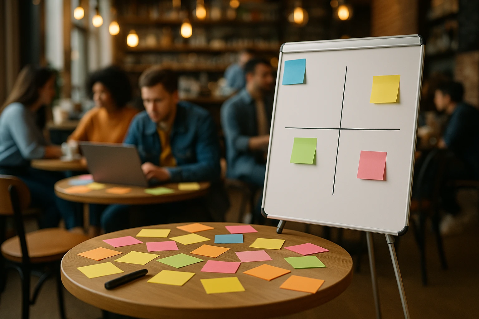 A vibrant bustling café scene with a small, round table surrounded by colorful sticky notes and a whiteboard showing the Eisenhower Matrix, illustrating the strategic prioritization of tasks in a casual setting.