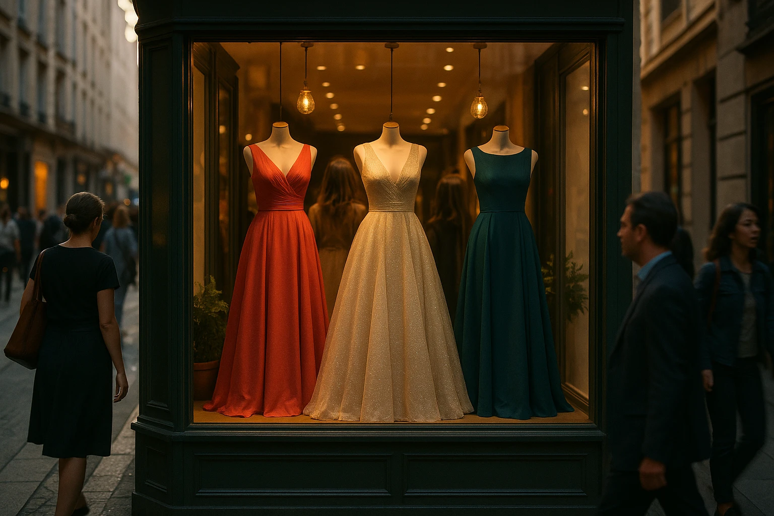 A vibrant boutique storefront showcasing elegant formal dresses in the window display, surrounded by pedestrians in a bustling city street with a warm evening glow.