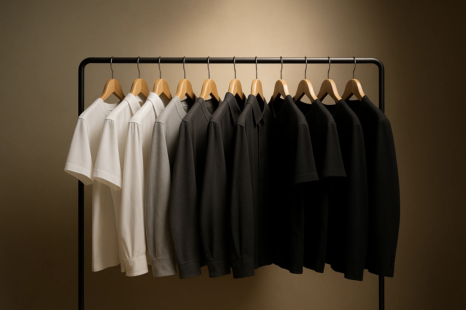A minimalist clothing rack displaying a collection of sleek, monochromatic garments on wooden hangers, set against a chic, neutral-toned wall with a subtle spotlight highlighting their simplicity.