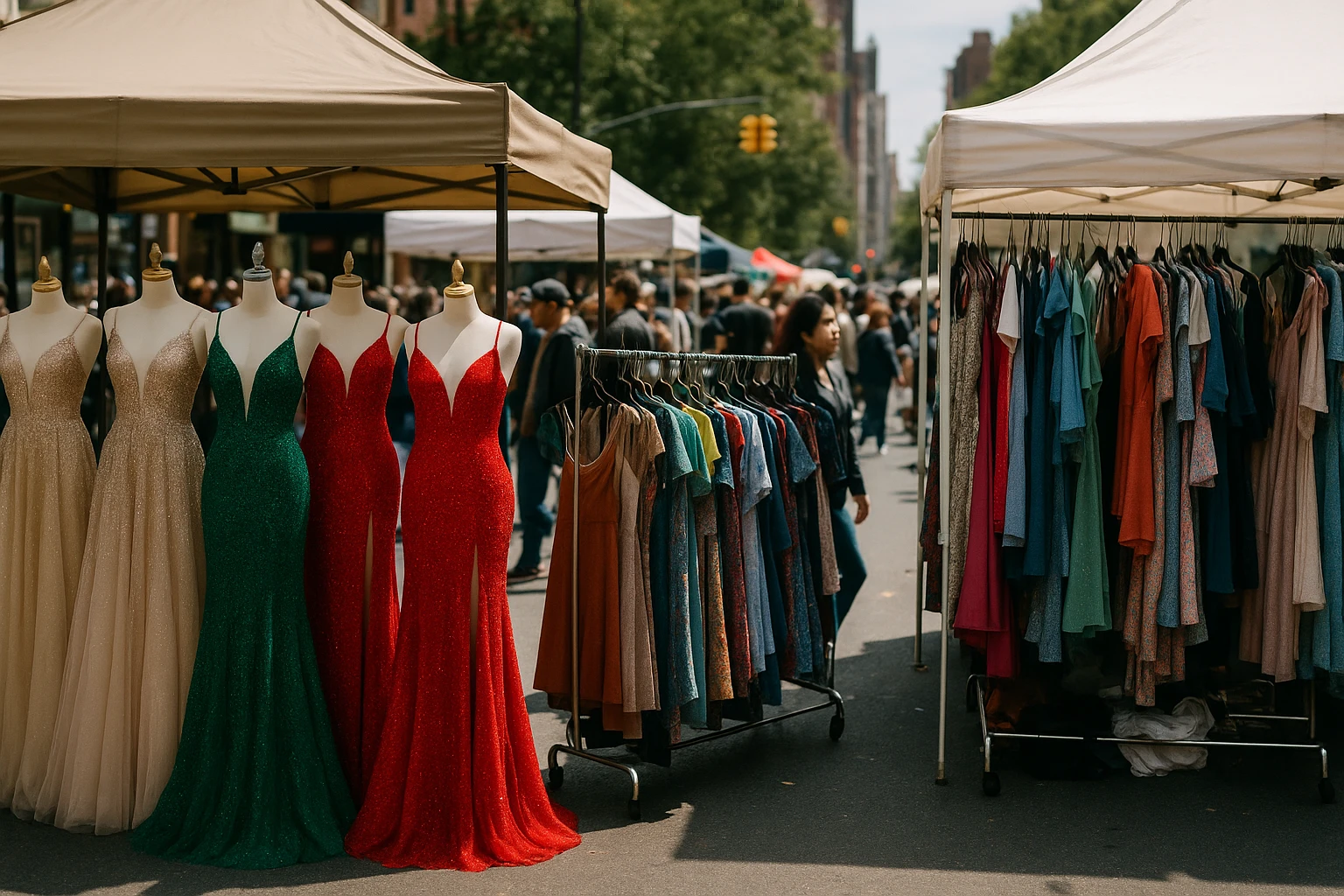 A vibrant outdoor market scene featuring two distinct boutique stalls: one adorned with elegant, sparkling gowns on display mannequins, and the other with a simple sign reading 