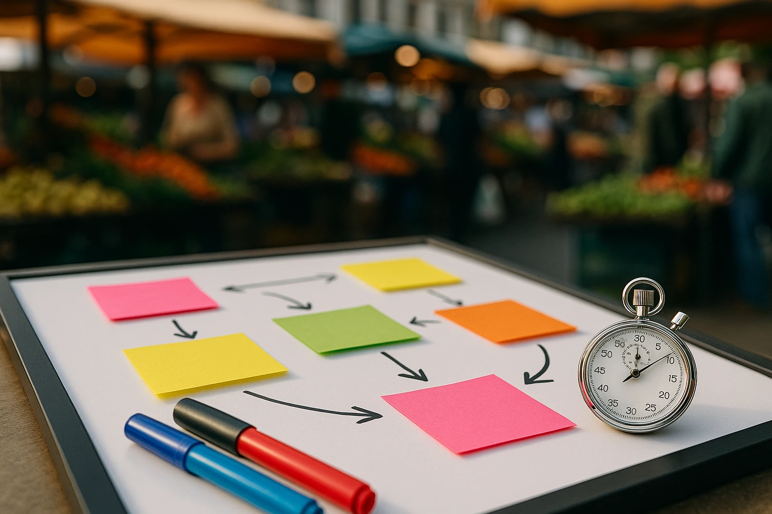A close-up of a strategy board with colorful sticky notes, markers, and a stopwatch, set against the backdrop of a bustling outdoor market, symbolizing dynamic decision-making in complex scenarios.