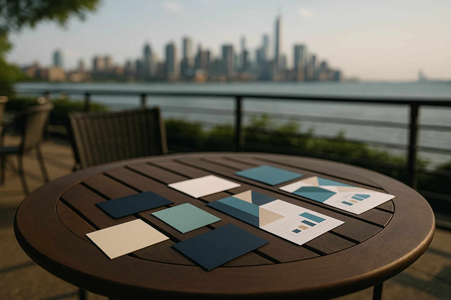 An outdoor café table featuring a diverse array of business cards and brochures, with a city skyline in the background, signifying exploration of new business strategies and opportunities.