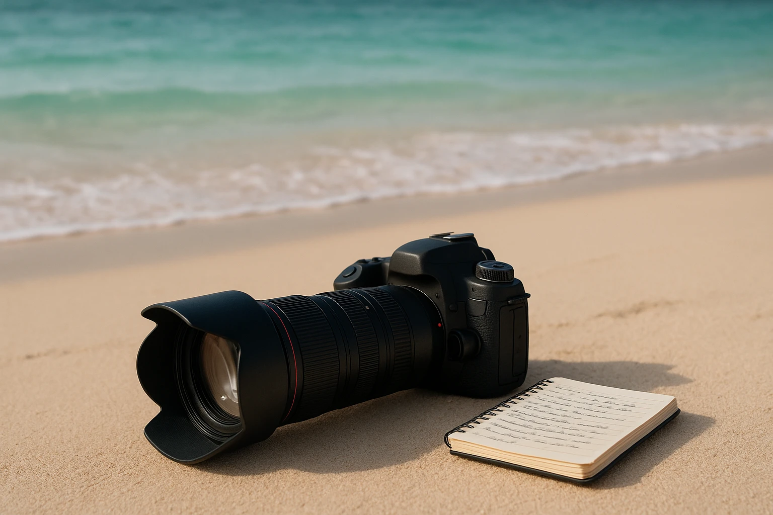 A private investigator's camera with a long lens lies on a sandy beach in Bermuda, with turquoise waves gently rolling in the background and a small notebook beside it, filled with handwritten notes.