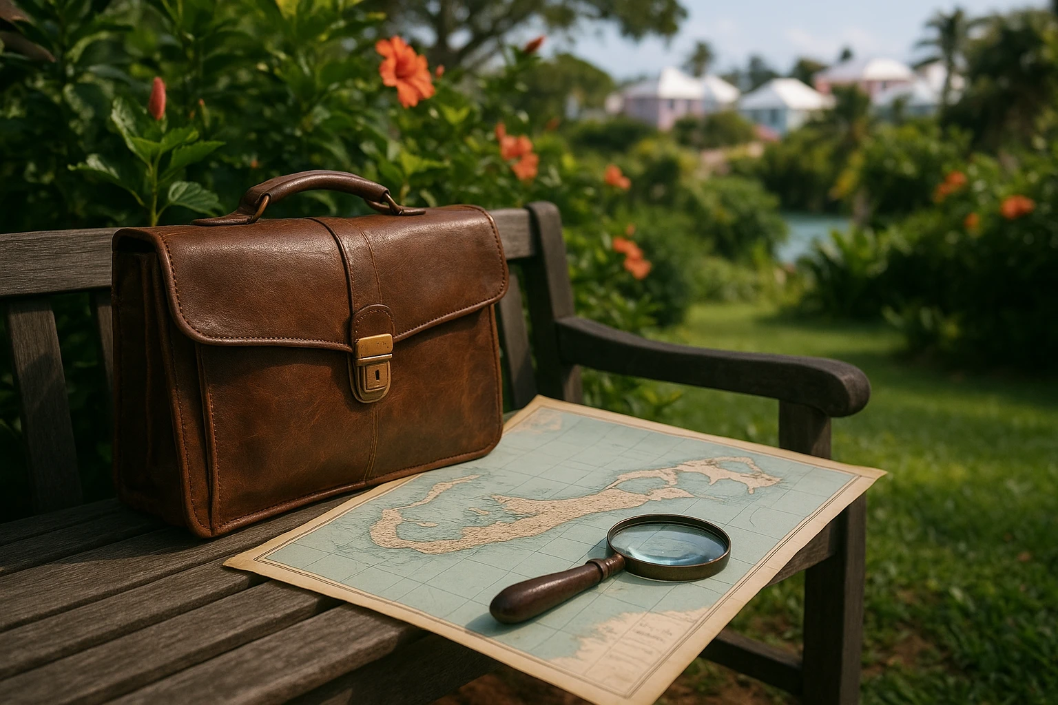 A weathered leather briefcase with a magnifying glass and a map of Bermuda spread out on a park bench, surrounded by lush greenery and blooming tropical flowers, with the faint outline of pastel-colored Bermudian homes in the distance.