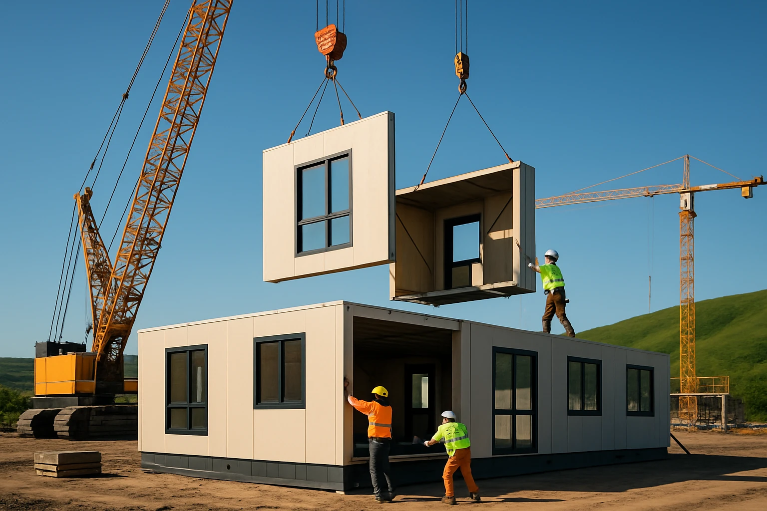 A construction site with a partially assembled bespoke modular building, showcasing cranes lifting large panels, workers in hard hats guiding the structure, set against a backdrop of rolling green hills under a clear blue sky.